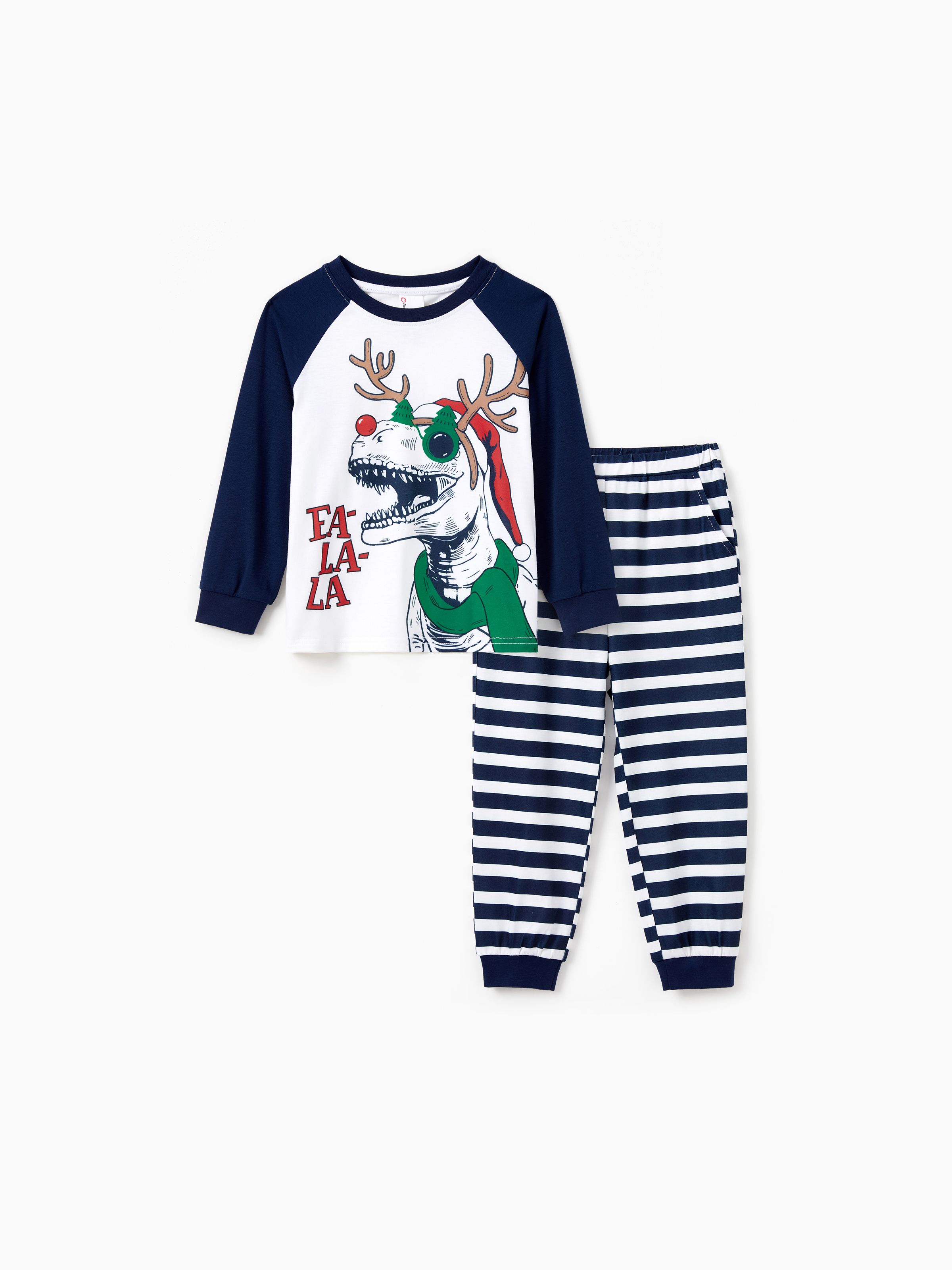 

Christmas Pajamas Family Matching Raglan Sleeves Dinosaur with Xmas Antler Graphic Long Sleeves Top Striped Pants PJs Sets