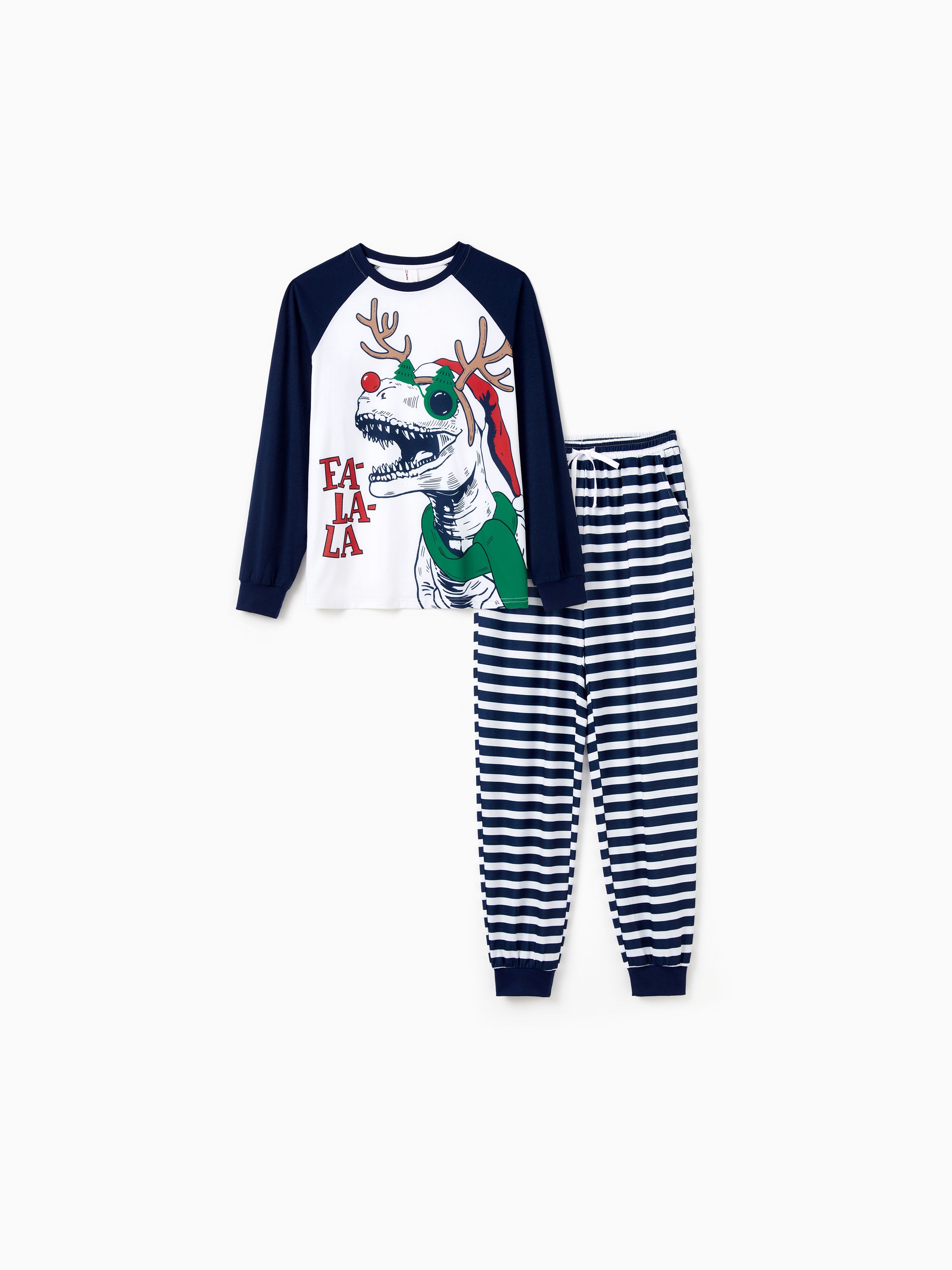 

Christmas Pajamas Family Matching Raglan Sleeves Dinosaur with Xmas Antler Graphic Long Sleeves Top Striped Pants PJs Sets