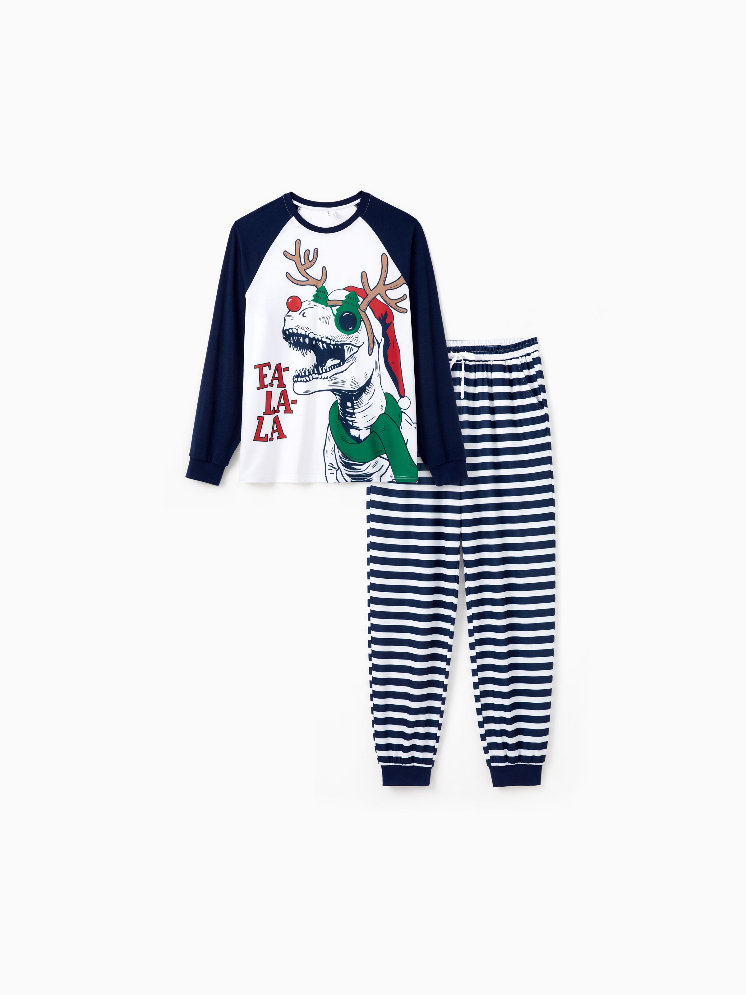 

Christmas Pajamas Family Matching Raglan Sleeves Dinosaur with Xmas Antler Graphic Long Sleeves Top Striped Pants PJs Sets