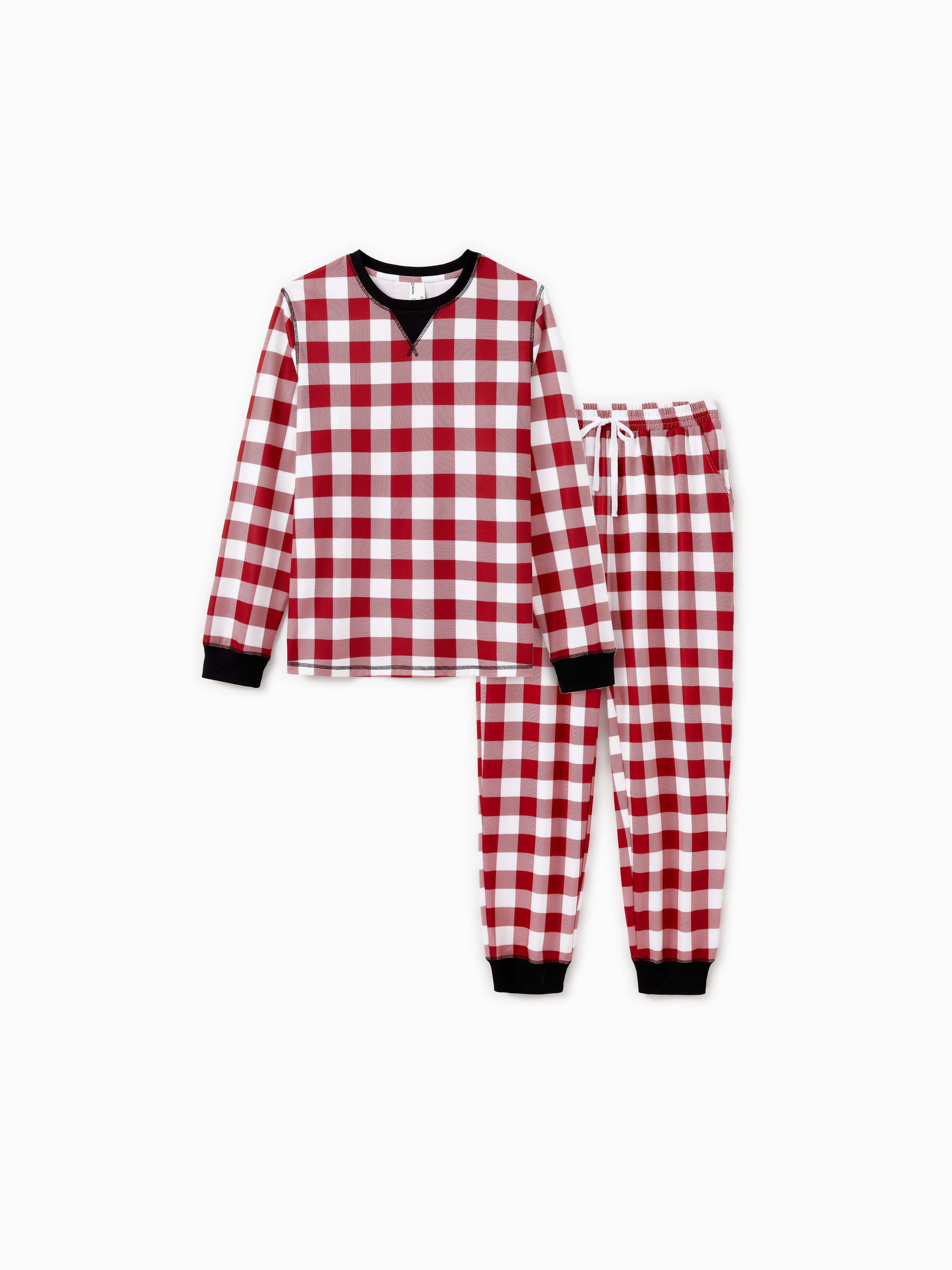 

Christmas Family Matching Red and White Checkered Plaid Pajamas Sets with Drawstring and Pockets