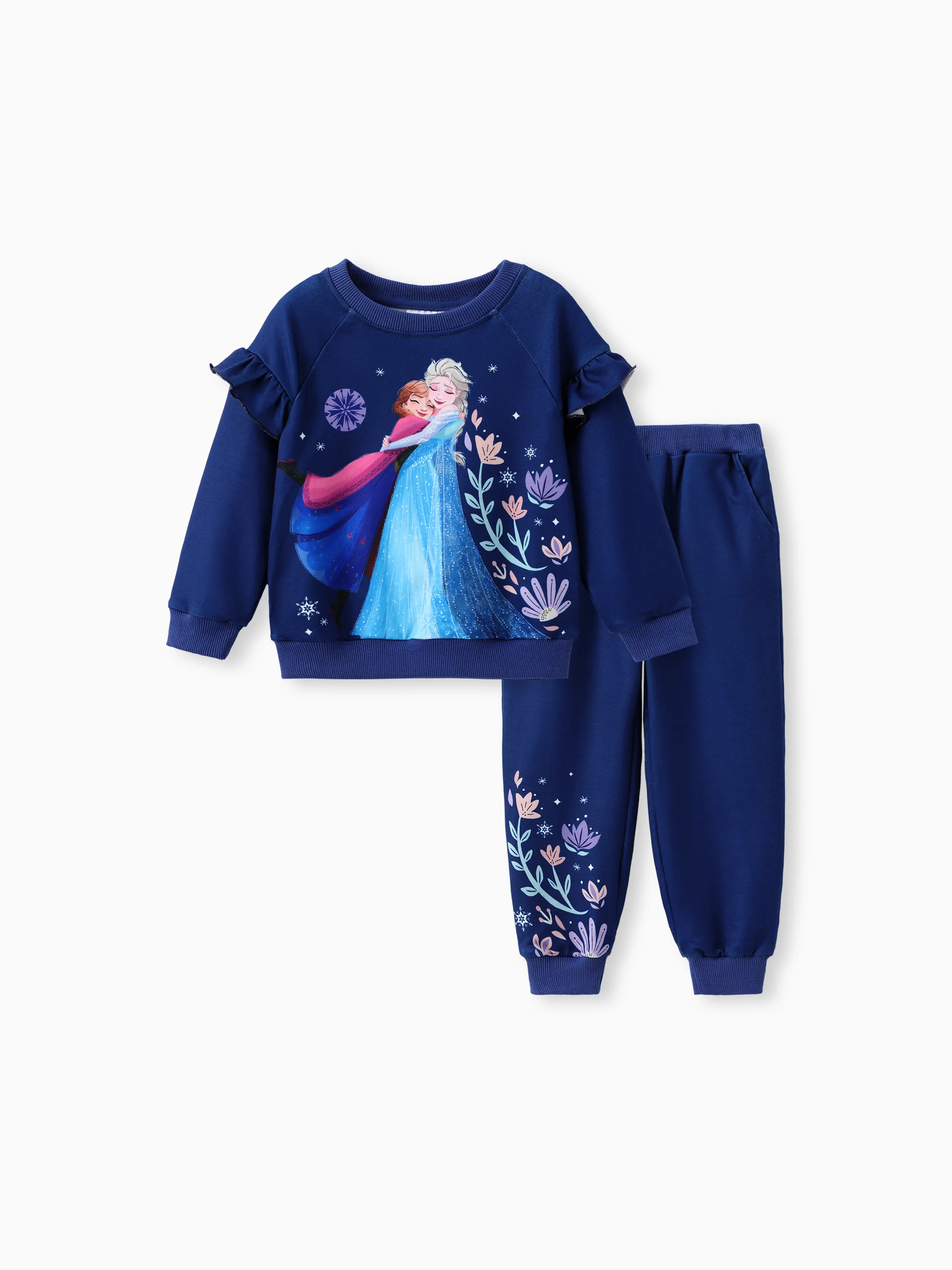 

Disney Frozen Toddler Girl 2pcs Elsa/Anna Floral Ruffle-sleeve Sweatshirt with Jogger Set