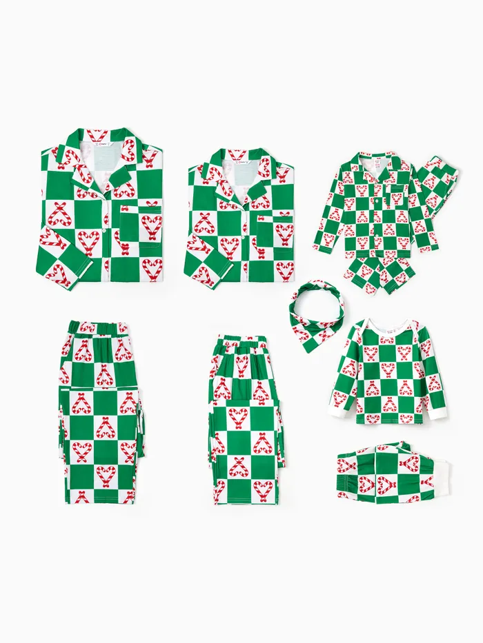 Christmas Family Matching Green&White Checkered Plaid Candy Heart Design Collared Pajamas Sets