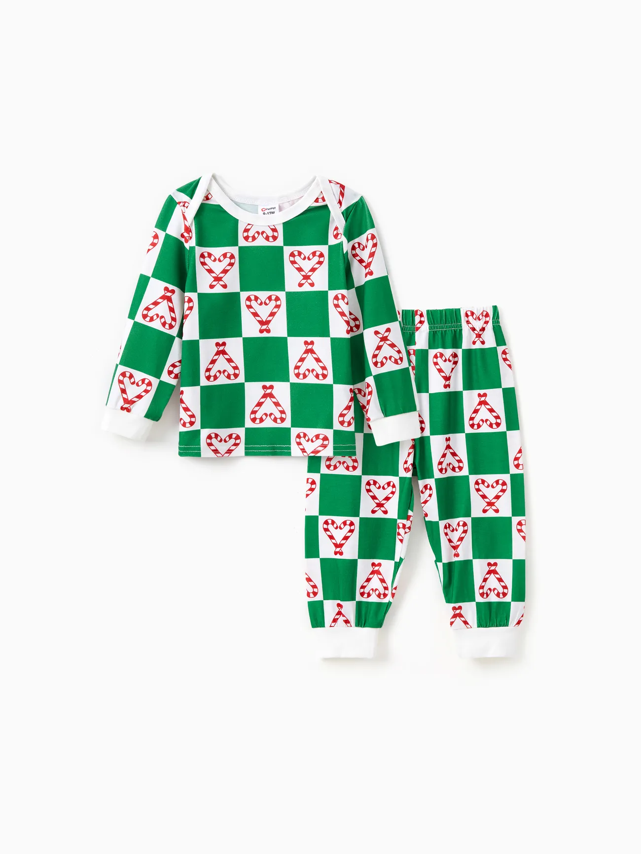 

Christmas Family Matching Green&White Checkered Plaid Candy Heart Design Collared Pajamas Sets