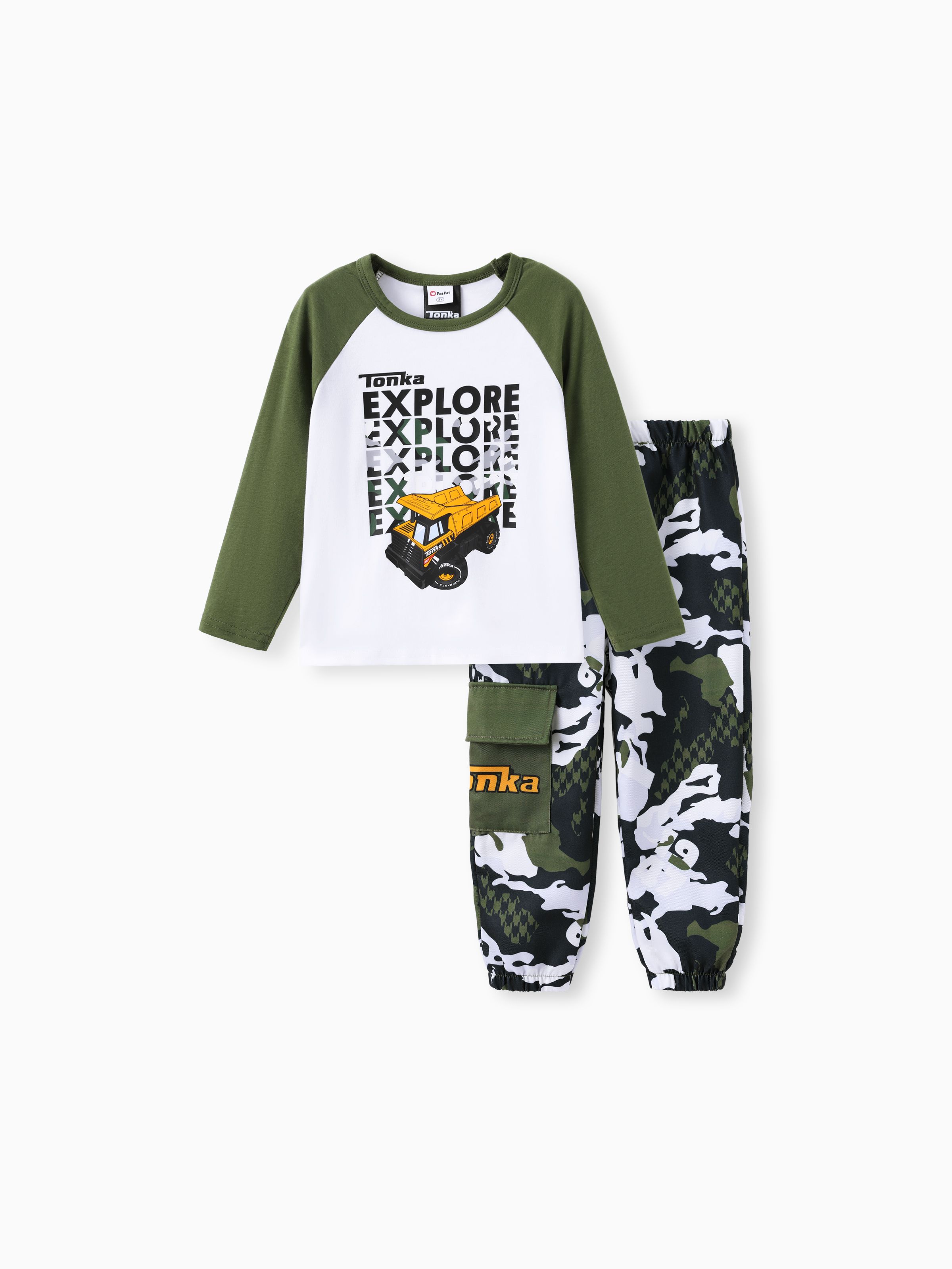 

Tonka Toddler Boy Trunk With Letter Colorblock Top And Camouflage Print Cargo Pants Set