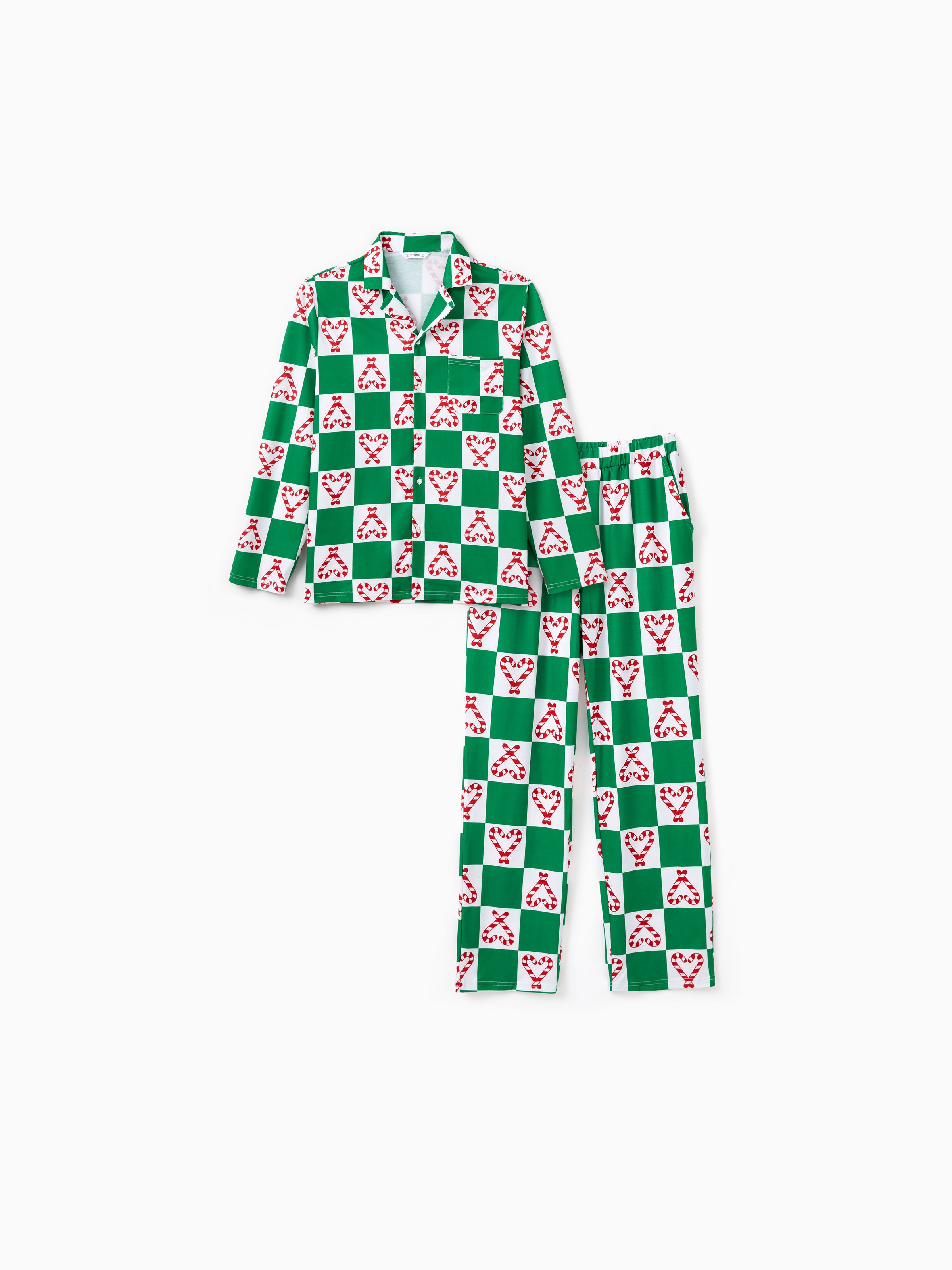 

Christmas Family Matching Green&White Checkered Plaid Candy Heart Design Collared Pajamas Sets