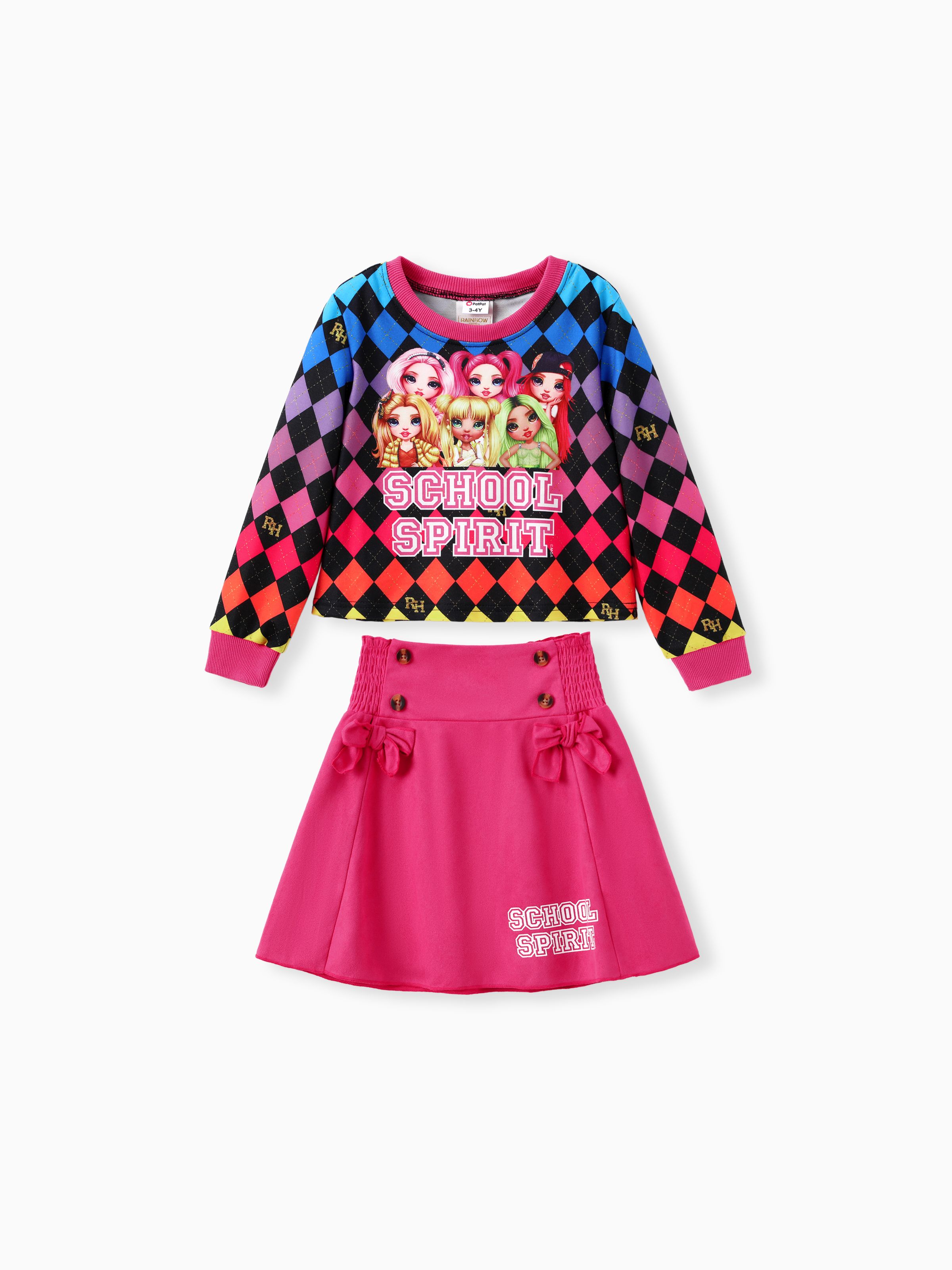 

Rainbow high Toddler & Girl 2pcs Rainbow Checkered Print Long-sleeve Top And Bowknot Skirt Set