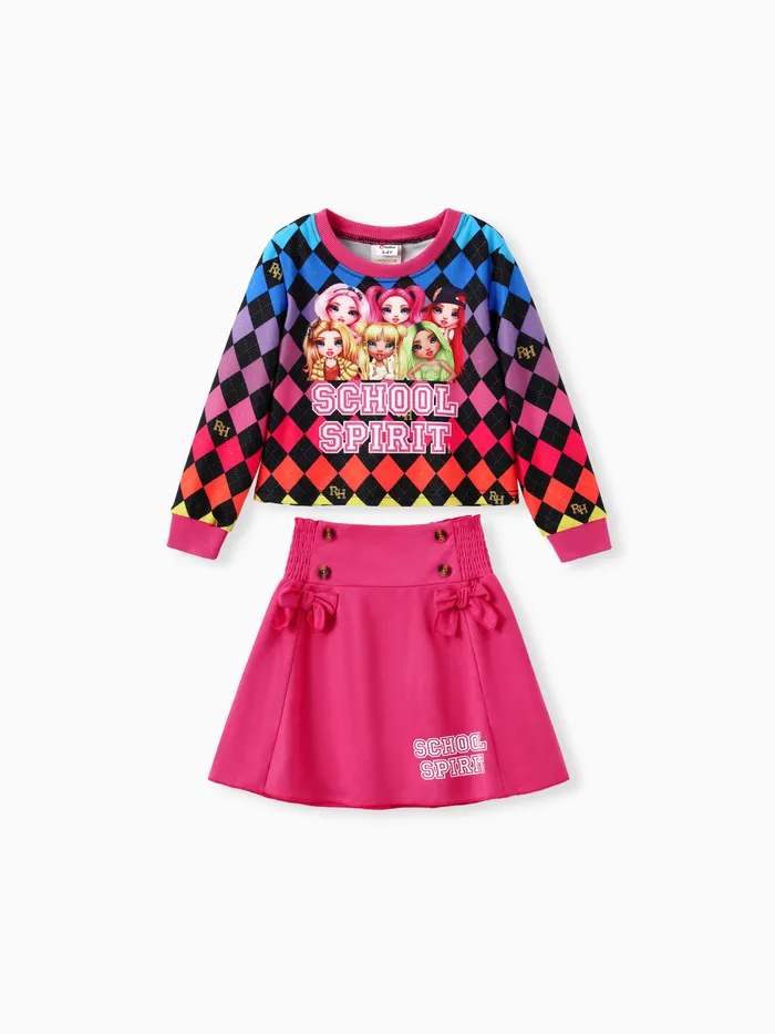 Arc-en-ciel haut Toddler & Girl 2pcs Rainbow Checkered Print Haut À Manches Longues Et Bowknot Jupe Ensemble 