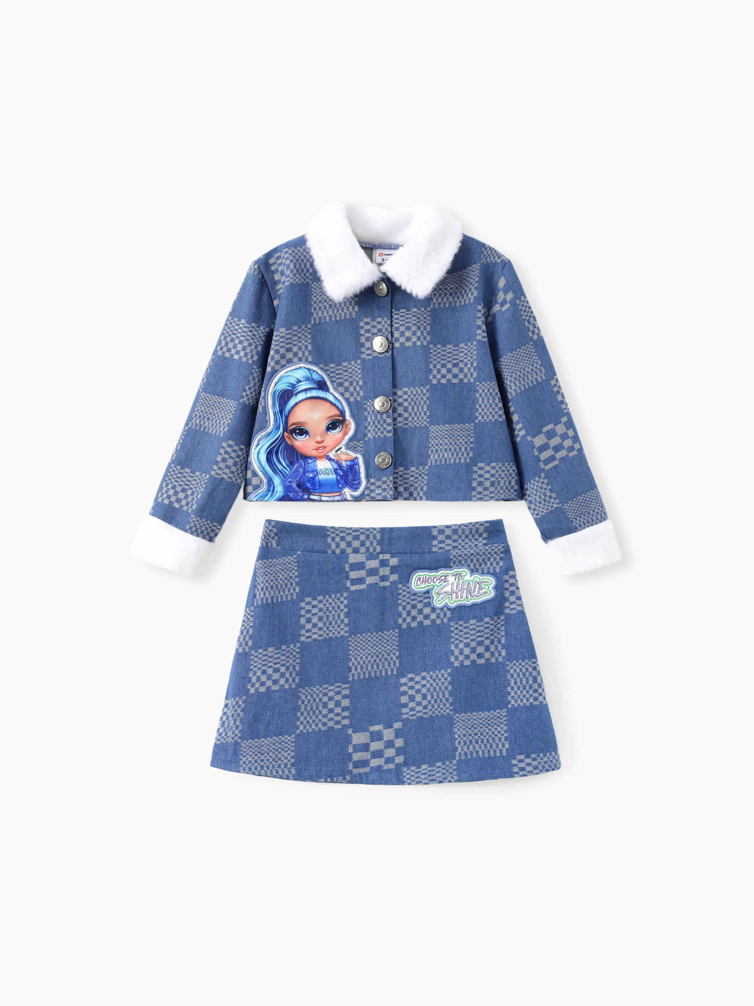 

Rainbow High Toddler/Kid Girl 2pcs Skylar Plush Lapel Collar Denim Grid Jacket And Skirt Set