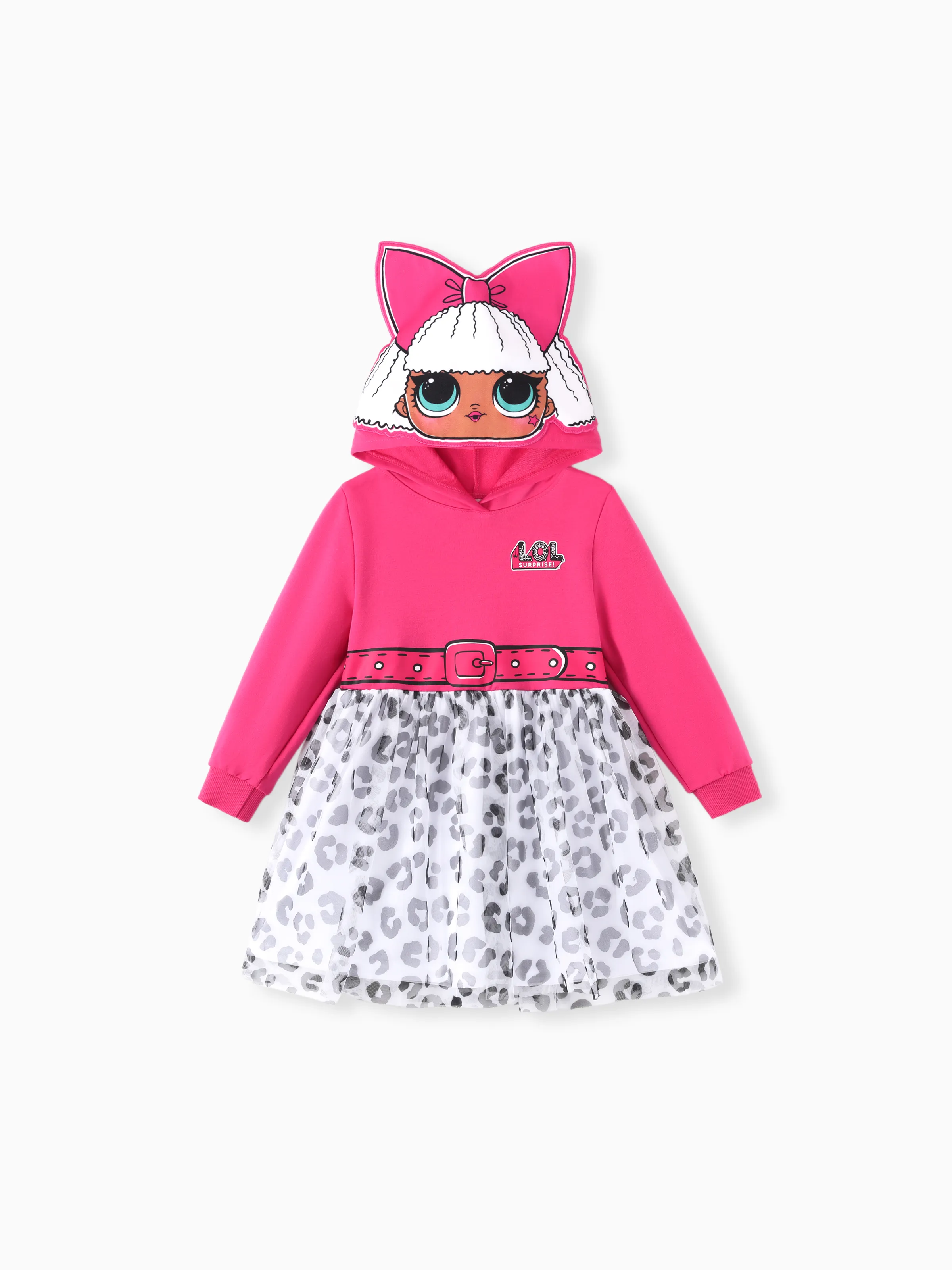 LOL Surprise Toddler Girl 1pc Personaje Capucha Cosplay Vestido de malla de manga larga con estampado de leopardo 