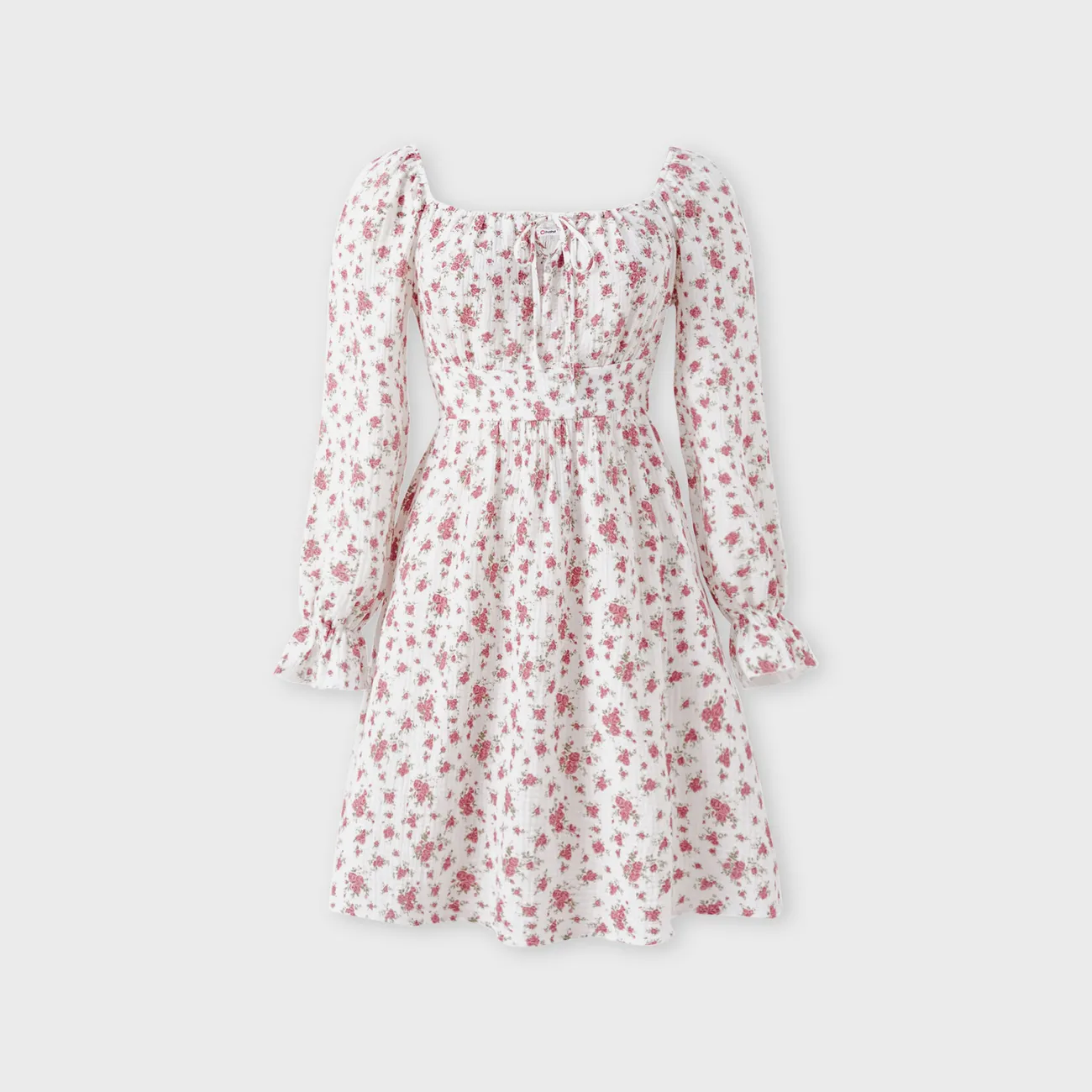 Mommy and Me Ditsy Floral Pattern Long-Sleeve Bow-Tie Neck Dress/Romper