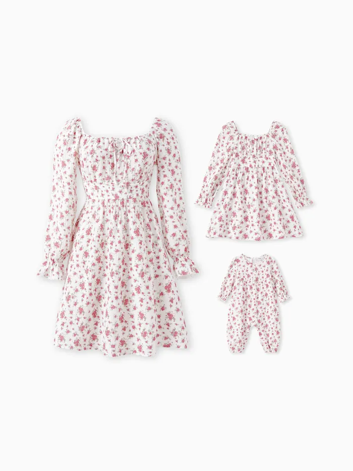 Mommy and Me Ditsy Floral Pattern Long-Sleeve Bow-Tie Neck Dress/Romper