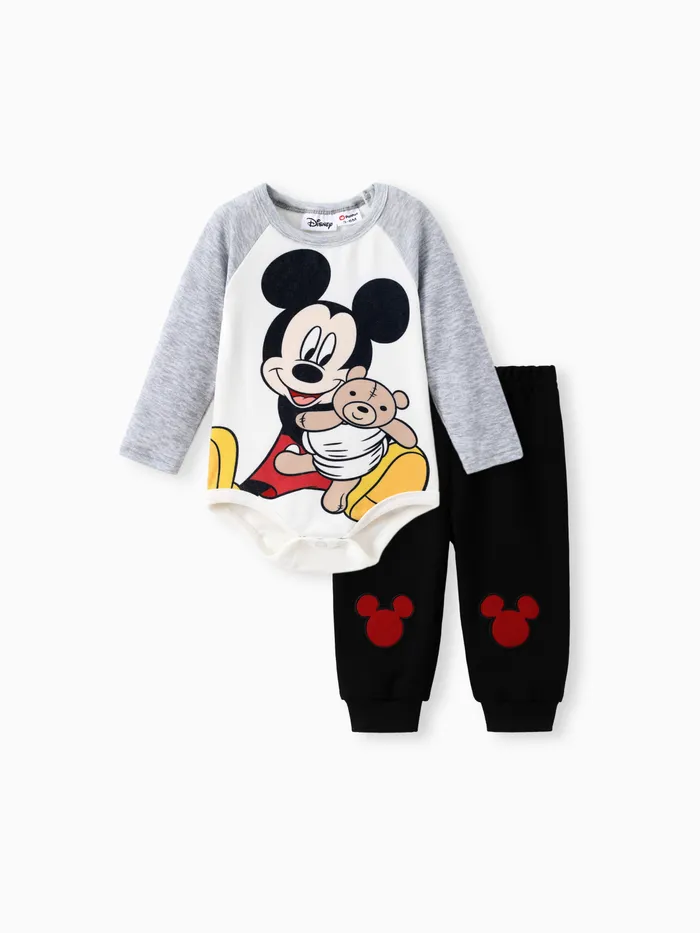 Disney Mickey And Friends Bébé Garçons 2pcs Naia™ Colorblock Combinaison À Manches Longues Et Pantalon Brodé Personnage De Mickey Ensemble 