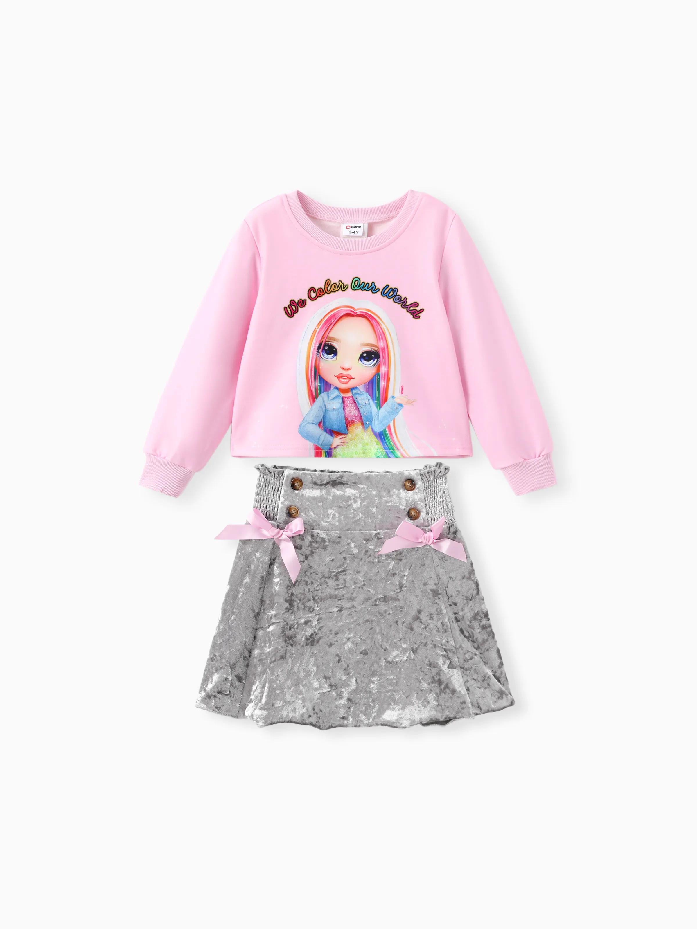 

Rainbow High Toddler/Kid Girl 2pcs Ruby/Amaya Character Long-sleeve Top And Velvet Bowknot Skirt Set