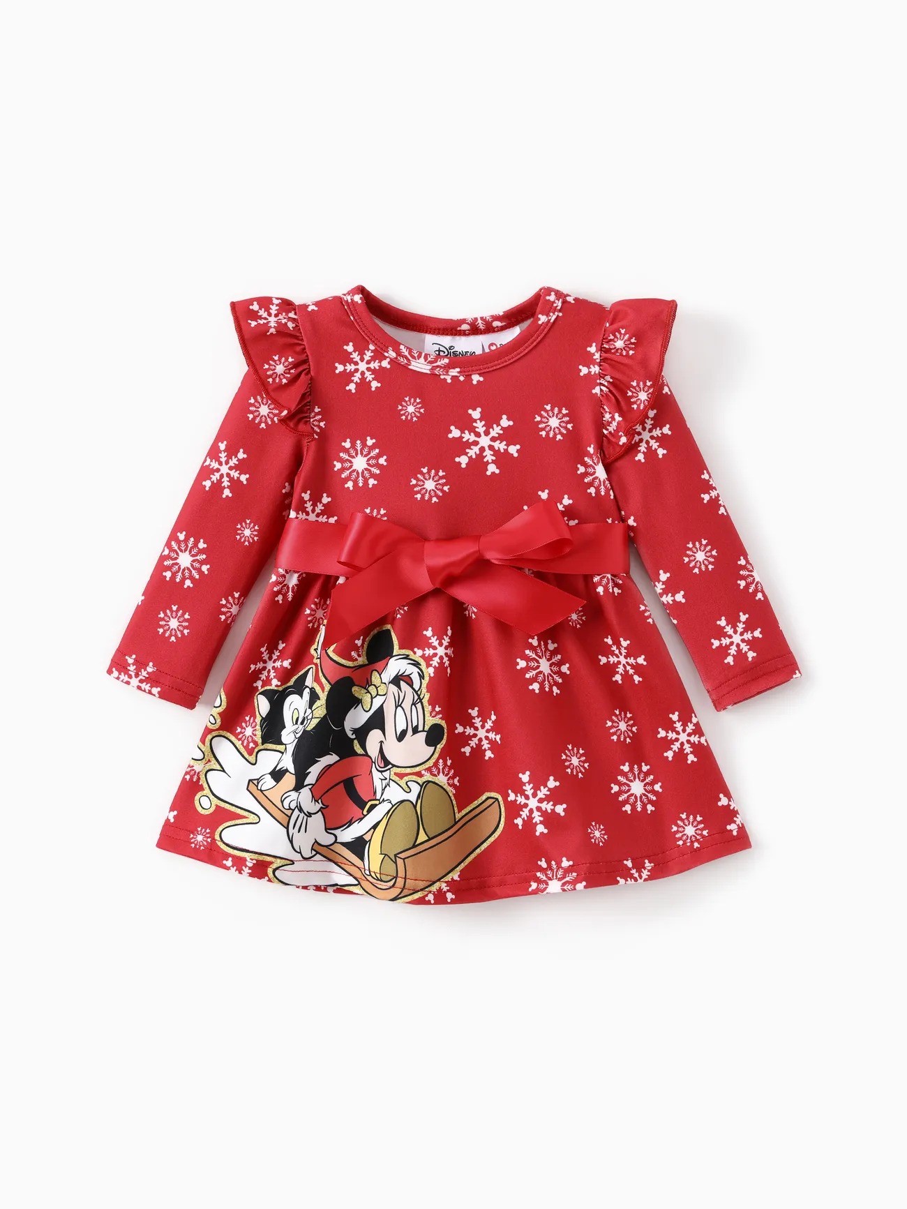 Disney Mickey and Friends Toddler Girl Christmas Full Print Bow Tie Long-sleeve Dress 