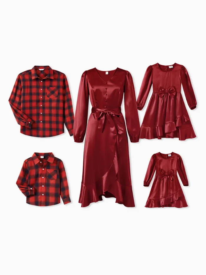 Red Matching Family Outfits Silky Satin Long Puff Sleeves Dress or Plaid Shirt