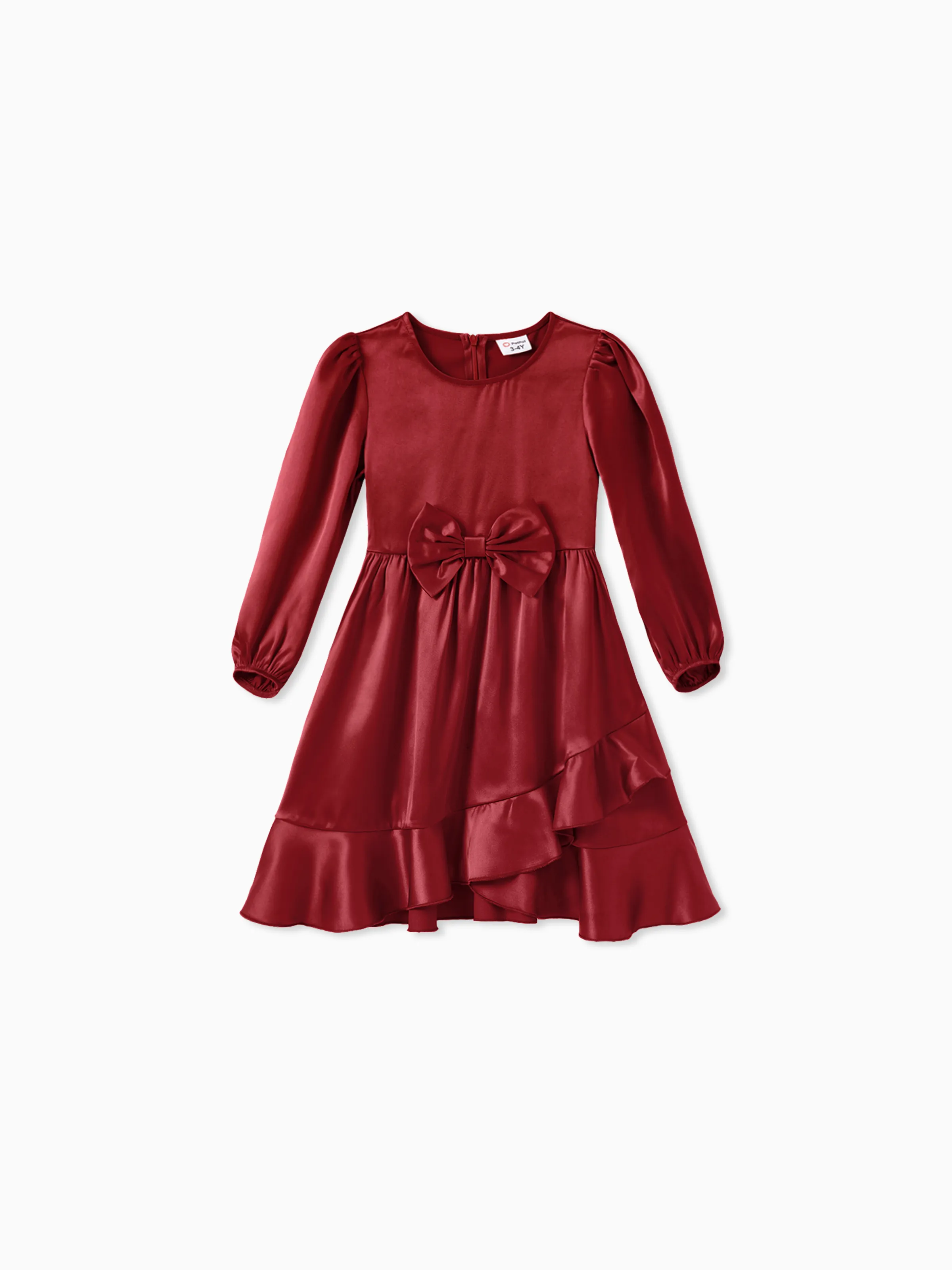 

Red Matching Family Outfits Silky Satin Long Puff Sleeves Dress or Plaid Shirt