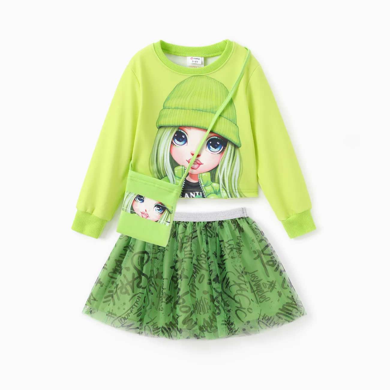 Rainbow High Toddler/Kid Girl 3pcs Jade/Ruby/Violet Character Print Sweatshirt And Graffiti/Gradient Tulle Skirt Set With Bag