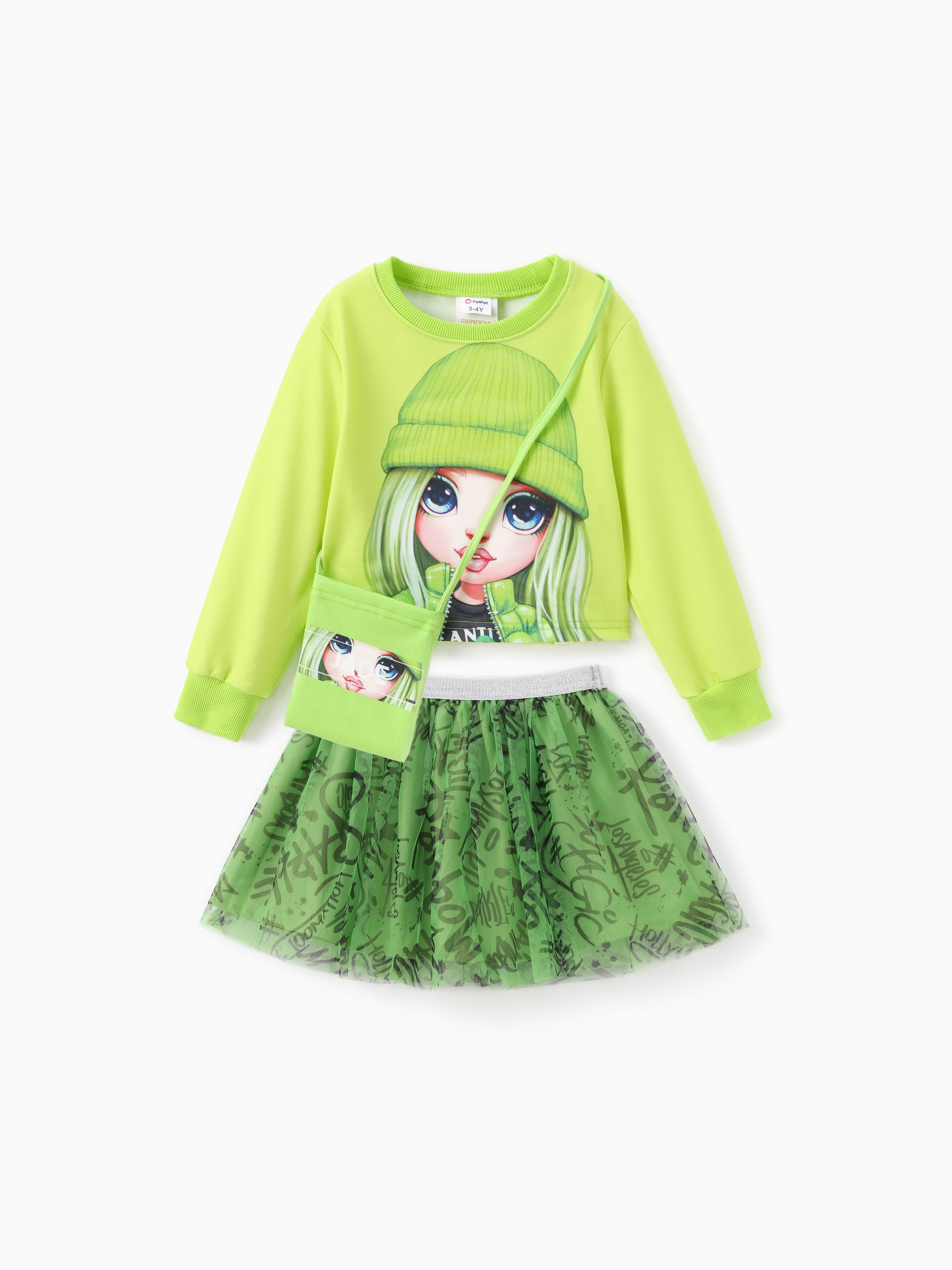 

Rainbow High Toddler/Kid Girl 3pcs Jade/Ruby/Violet Character Print Sweatshirt And Graffiti/Gradient Tulle Skirt Set With Bag