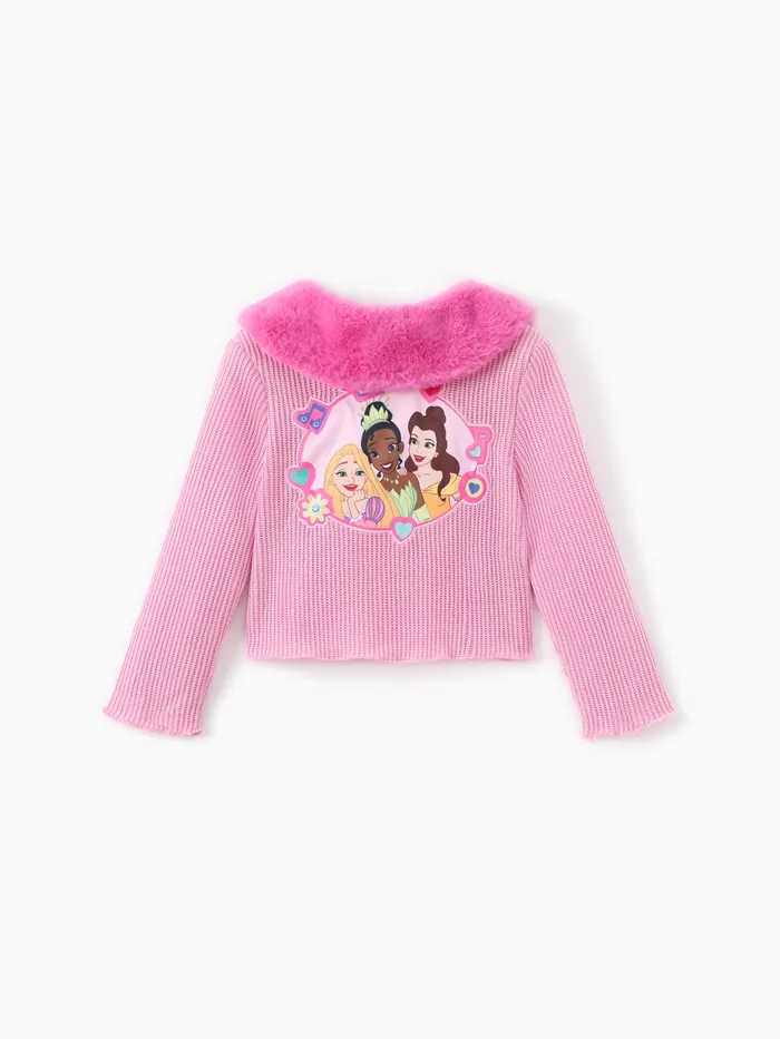 Disney Princess Toddler Girl 1pc Rapunzel Tiana Bella Character Embroidered Plush Lapel Collar Knitted Cardigan 