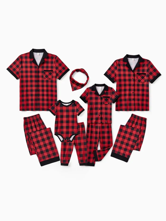 Pyjama de Noël à manches courtes Ensembles de pyjamas à col à carreaux rouges et noirs