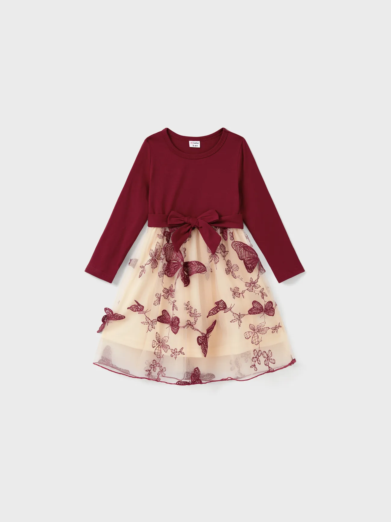 Girl - Family Matching Sets Long Sleeves Sweatshirt or Off-Shoulder Butterfly Embroidered Tulle Dress - Burgundy - image 7