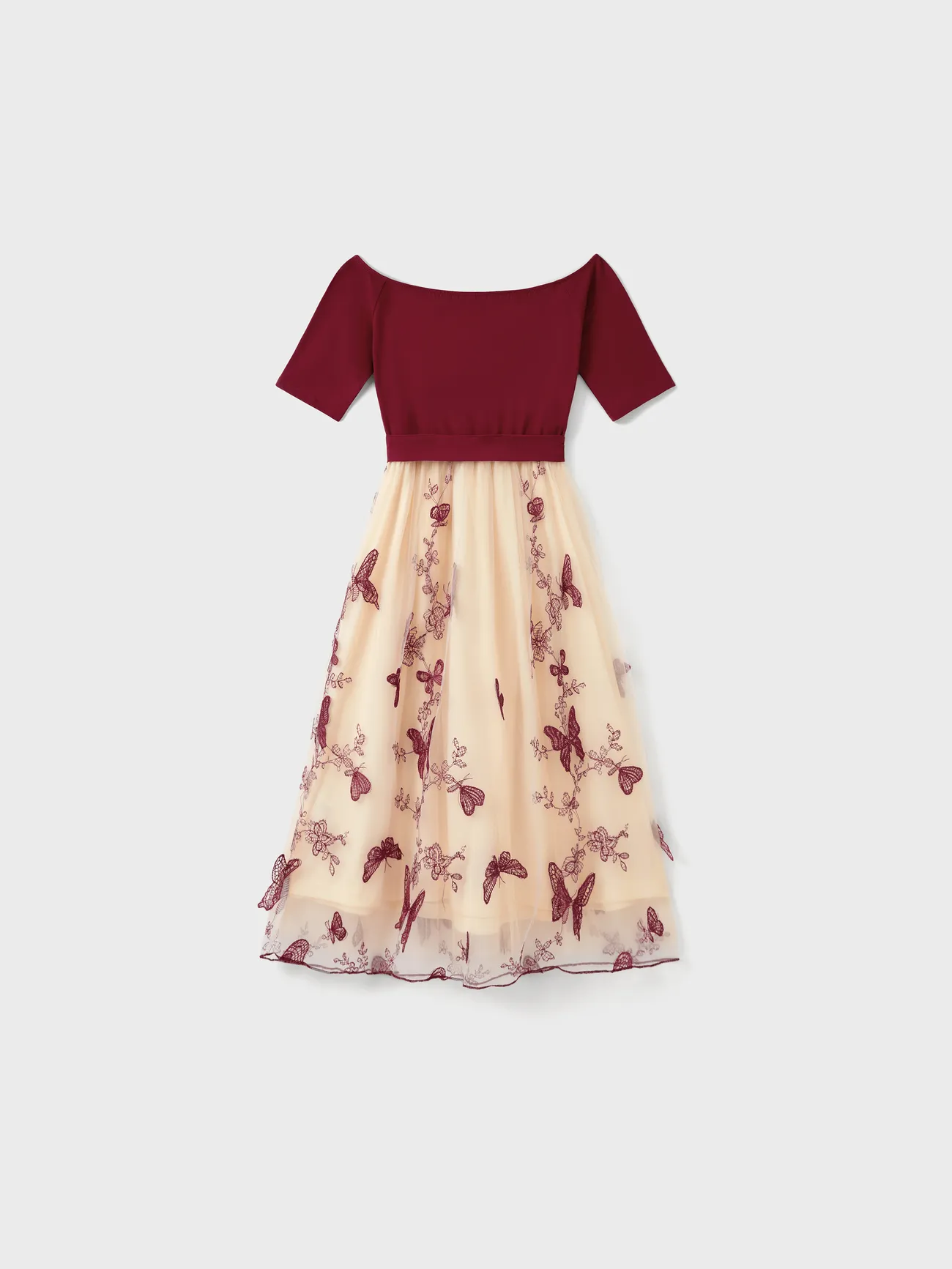 Women - Family Matching Sets Long Sleeves Sweatshirt or Off-Shoulder Butterfly Embroidered Tulle Dress - Burgundy - image 3
