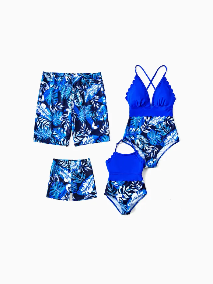 Family Matching Palm Leaves Print Blue One-piece Swimsuit