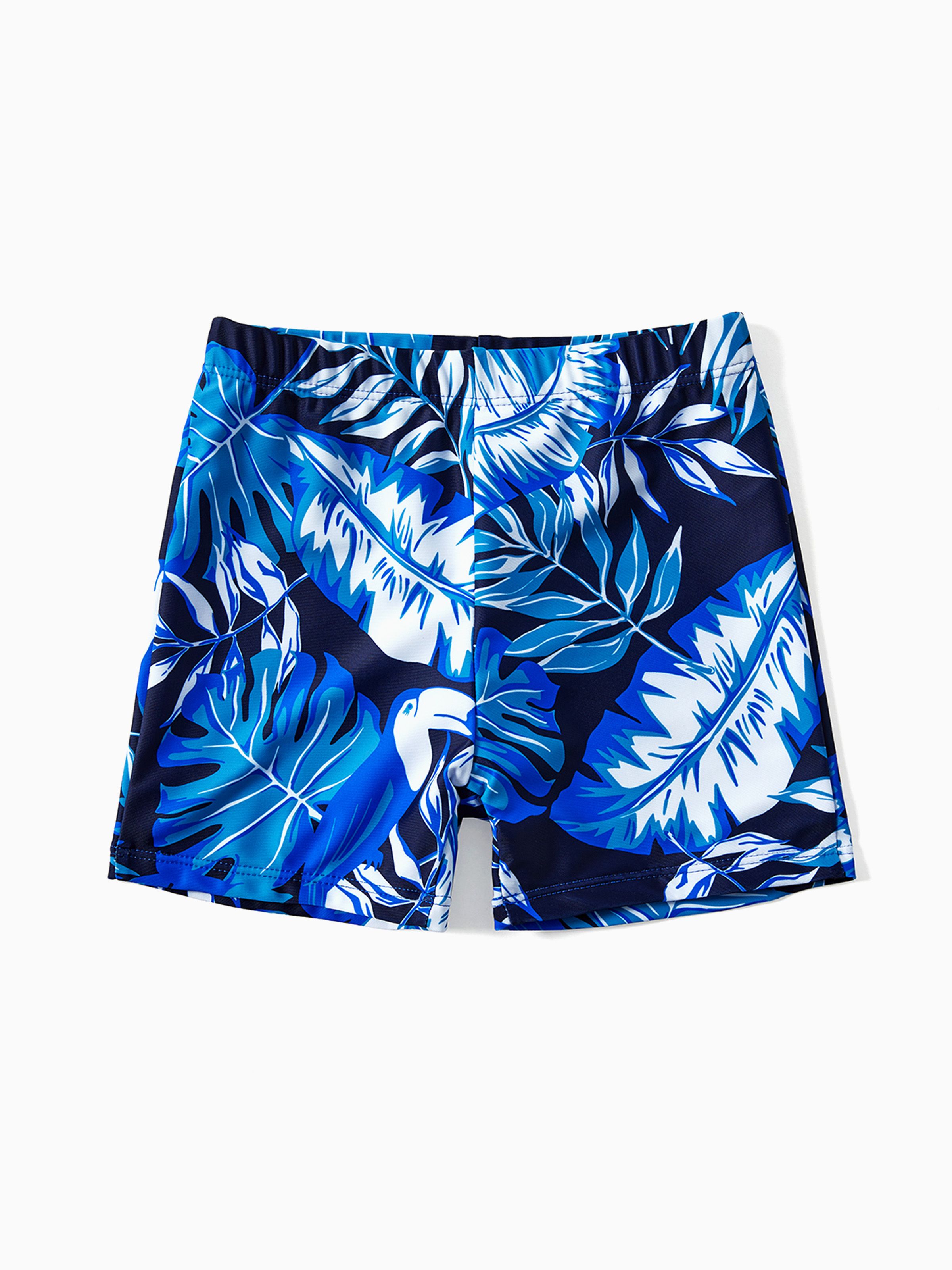 

Family Matching Palm Leaves Print Blue One-piece Swimsuit