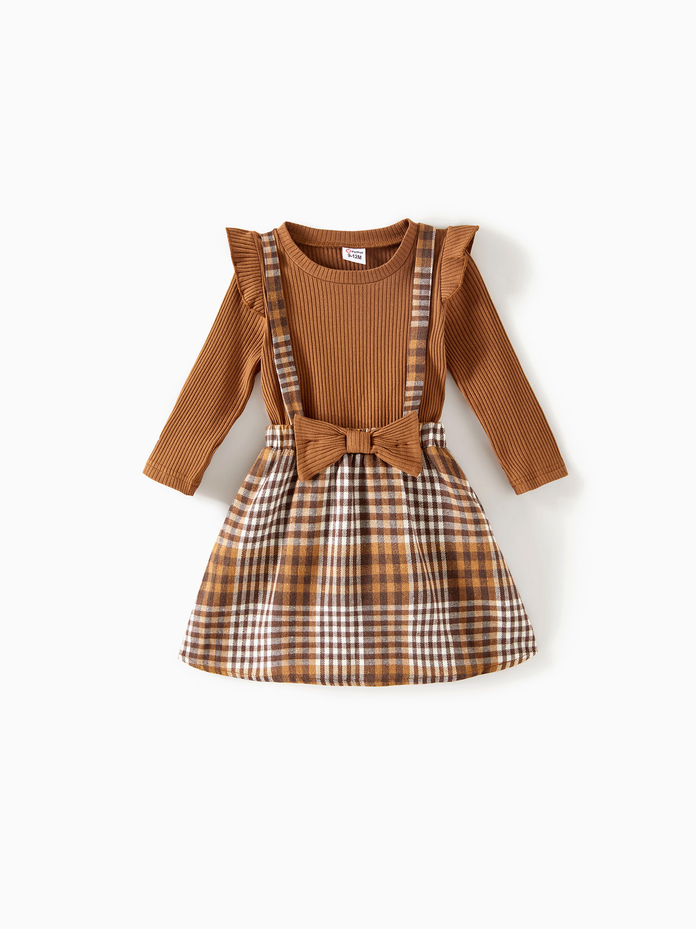 

Family Matching Coffee Ribbed Spliced Plaid Belted Dresses and Long-sleeve Colorblock Tops Set