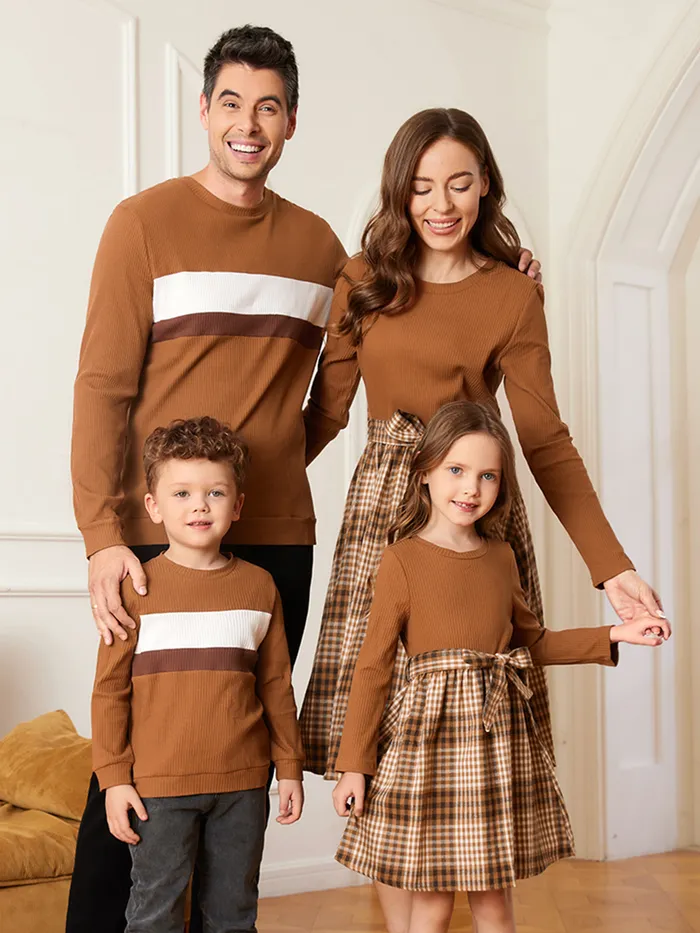 Family Matching Coffee Ribbed Spliced Plaid Belted Dresses and Long-sleeve Colorblock Tops Set