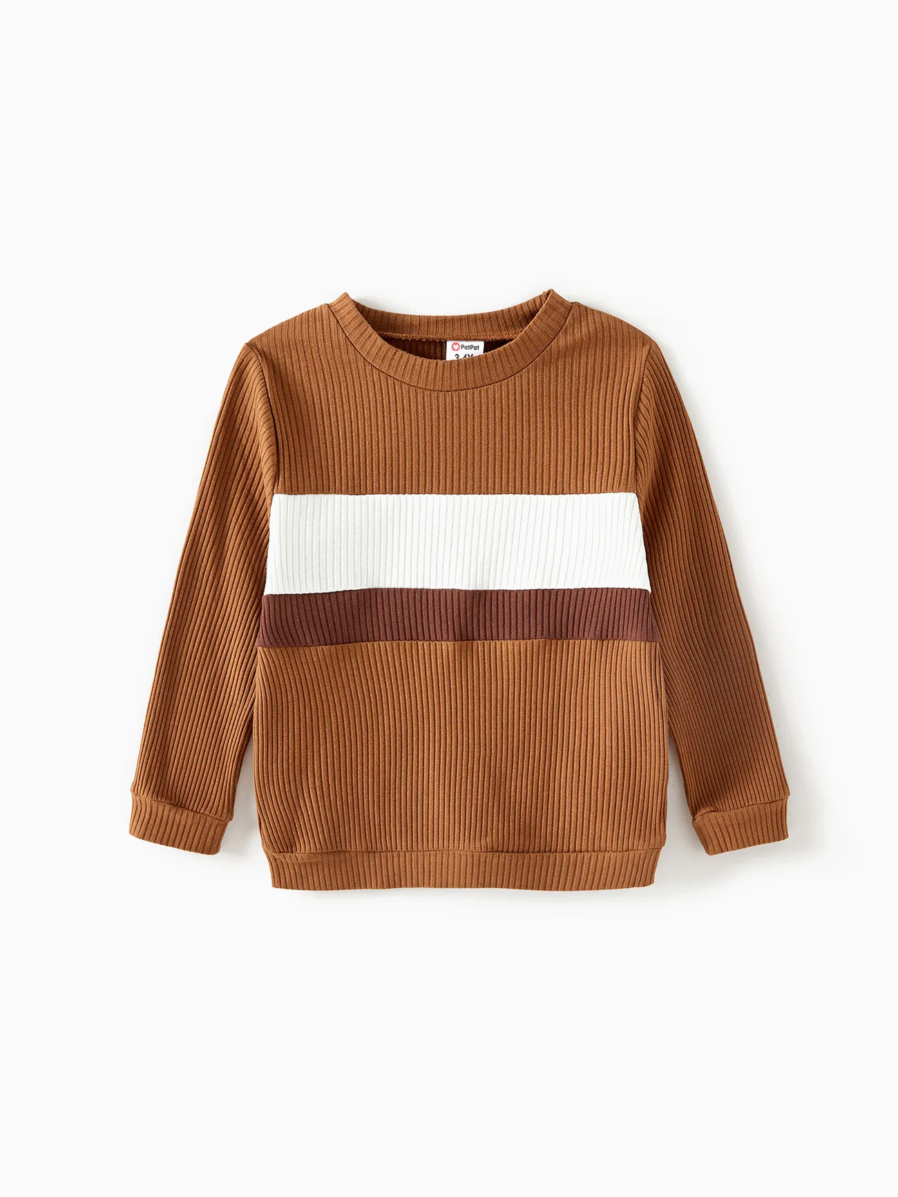 Family Matching Coffee Ribbed Spliced Plaid Belted Dresses and Long-sleeve Colorblock Tops Set