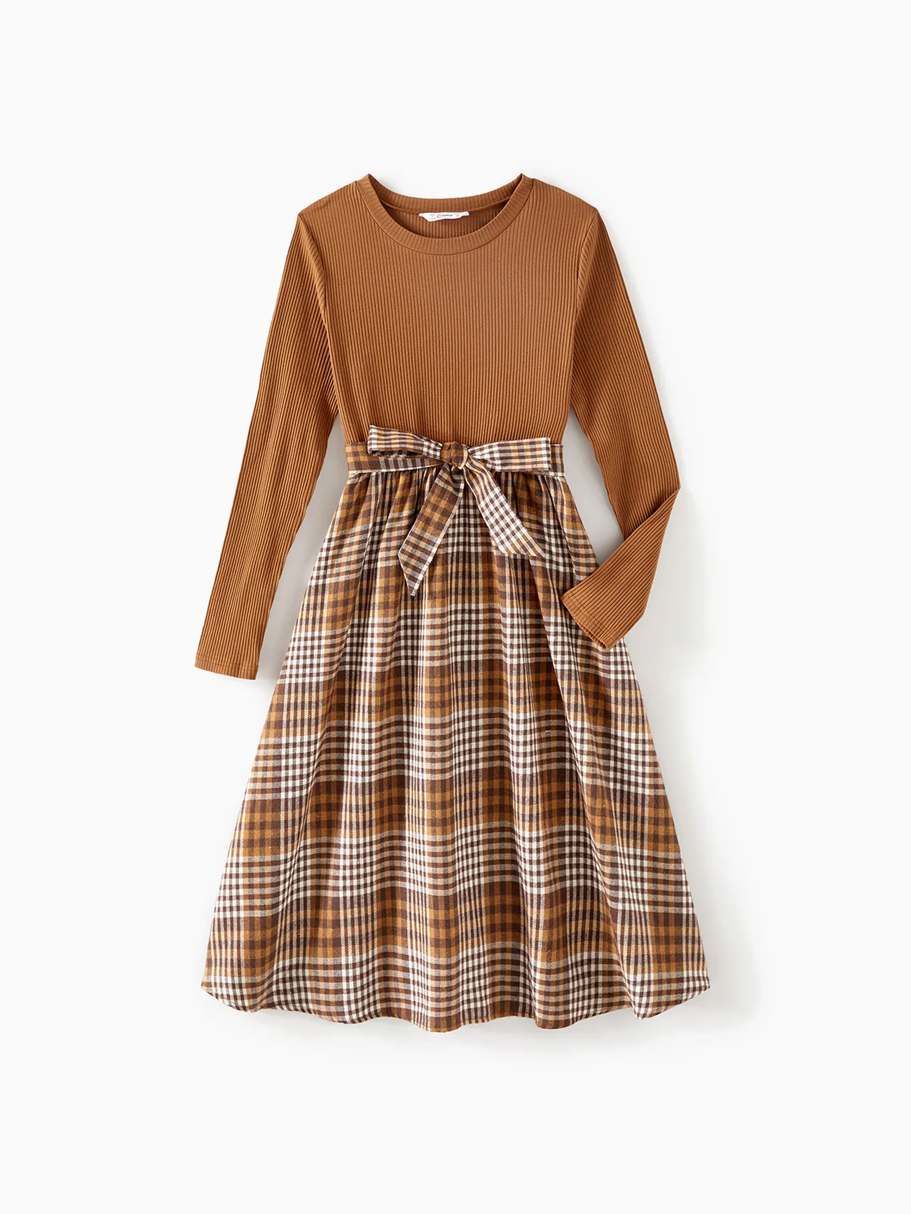 

Family Matching Coffee Ribbed Spliced Plaid Belted Dresses and Long-sleeve Colorblock Tops Set