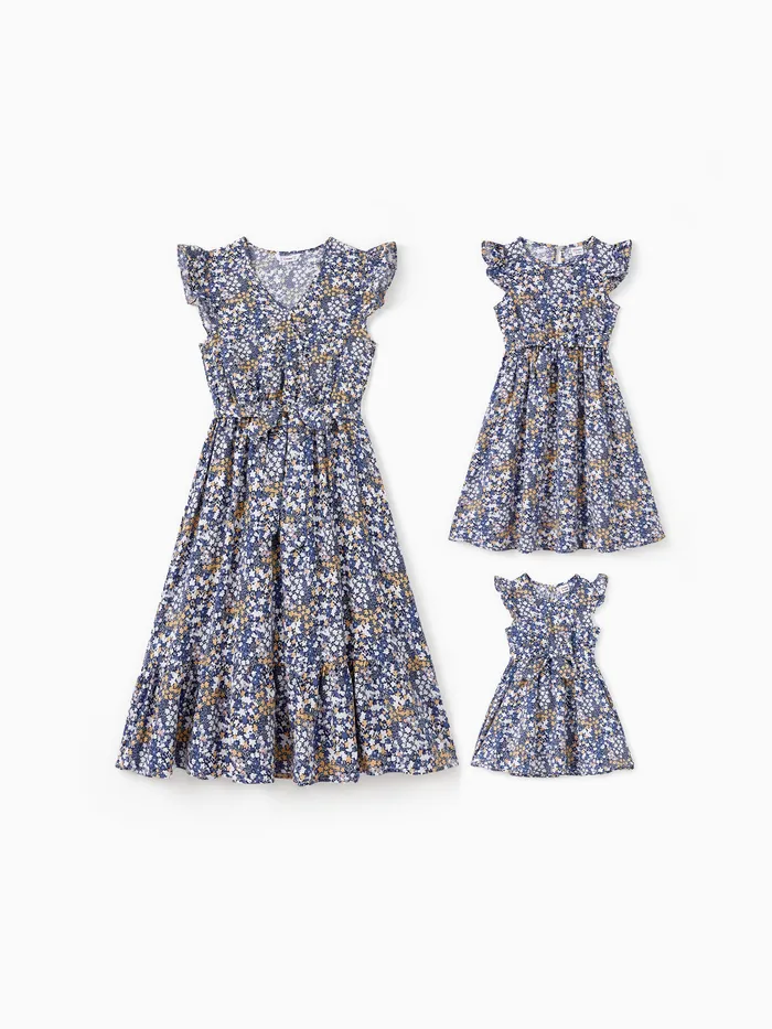 Mommy and Me Ditsy Floral V-Neck Concealed Button A-Line Dresses