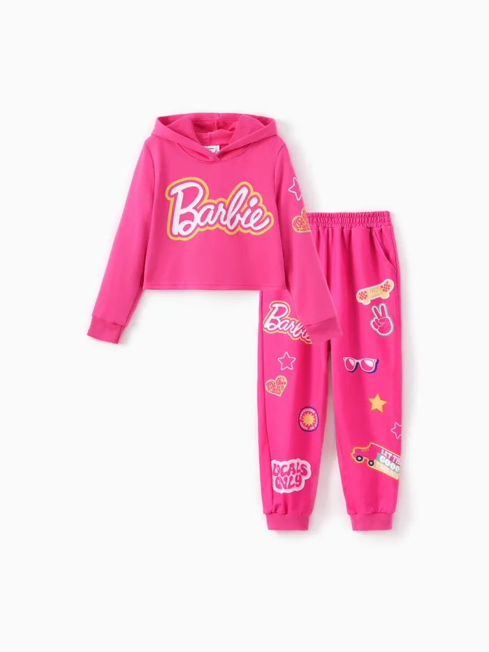 Barbie Kid Mädchen 2pcs Charakter Kapuzen-Langarm-Sweatshirt und Allover-Print-Hosen-Set 