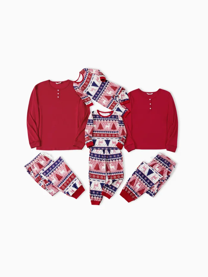 Christmas Family Matching Red Reindeer/Christmas Tree Pattern Pajamas Sets with Pockets and Drawstring 