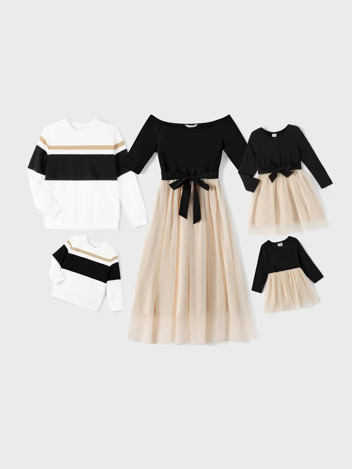 Family Matching Black-Almond Mesh Skirt and Classic Round Neck Long Sleeve Tops Sets