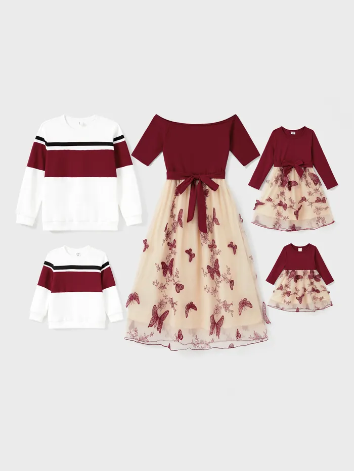 Family Matching Sets Long Sleeves Sweatshirt or Off-Shoulder Butterfly Embroidered Tulle Dress