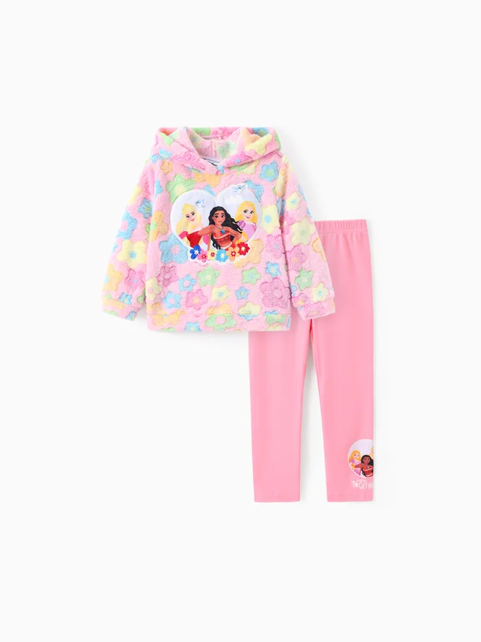 Disney Princess Toddler Girls 2pcs Aurora Moana Raiponce Brodé Floral Print Plush Hoodies And Cotton Leggings Set