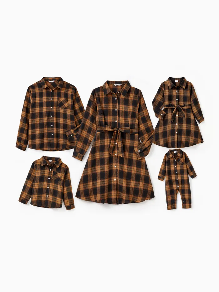 Christmas Family Matching Sets Brown&Black Check Plaid Long-sleeve Botton Dwon Top/Dress/Romper