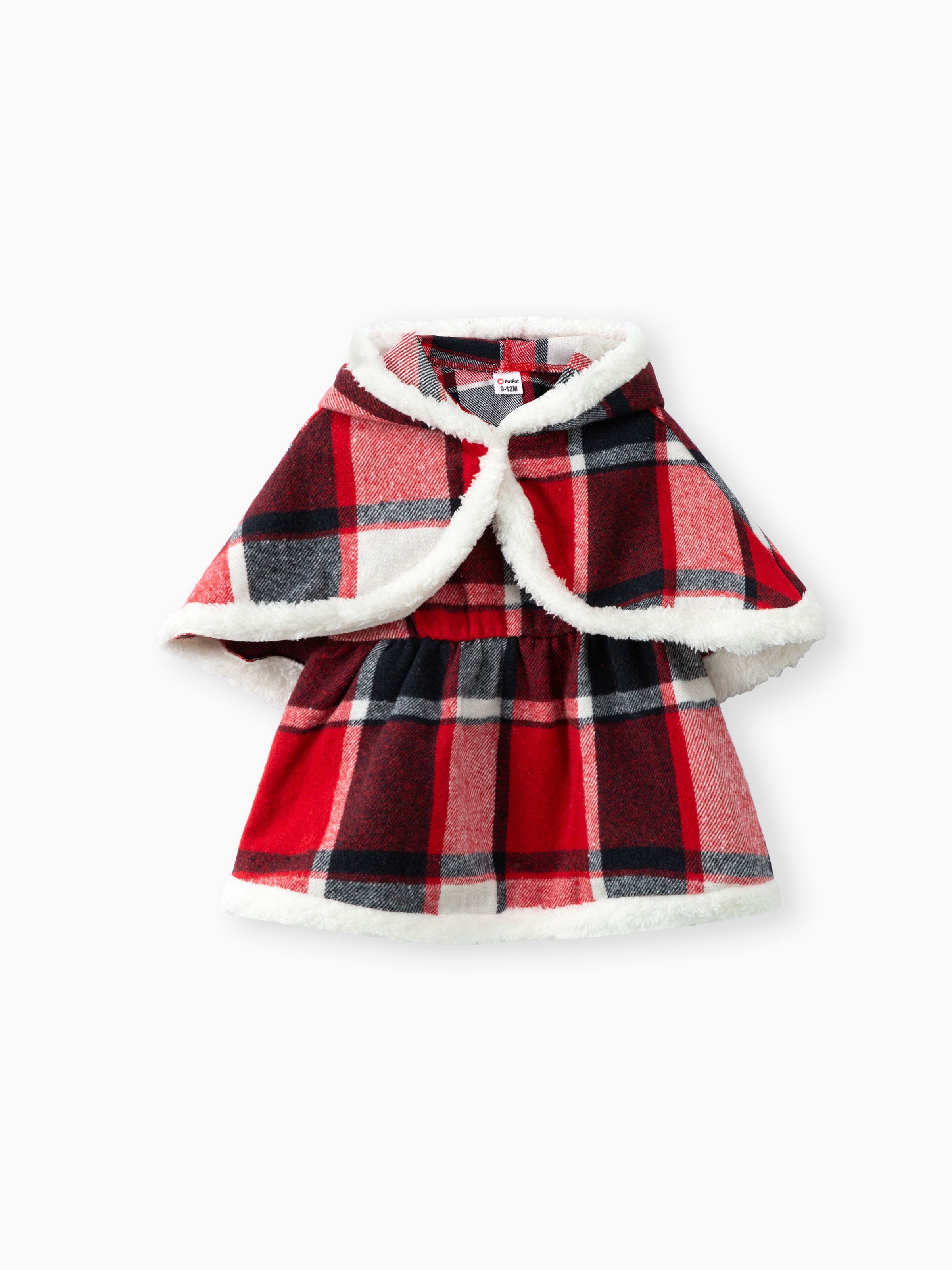 

2PCS Baby Girl Grid/Houndstooth Pattern Christmas Sweet Hooded Suit Dress/Cloak