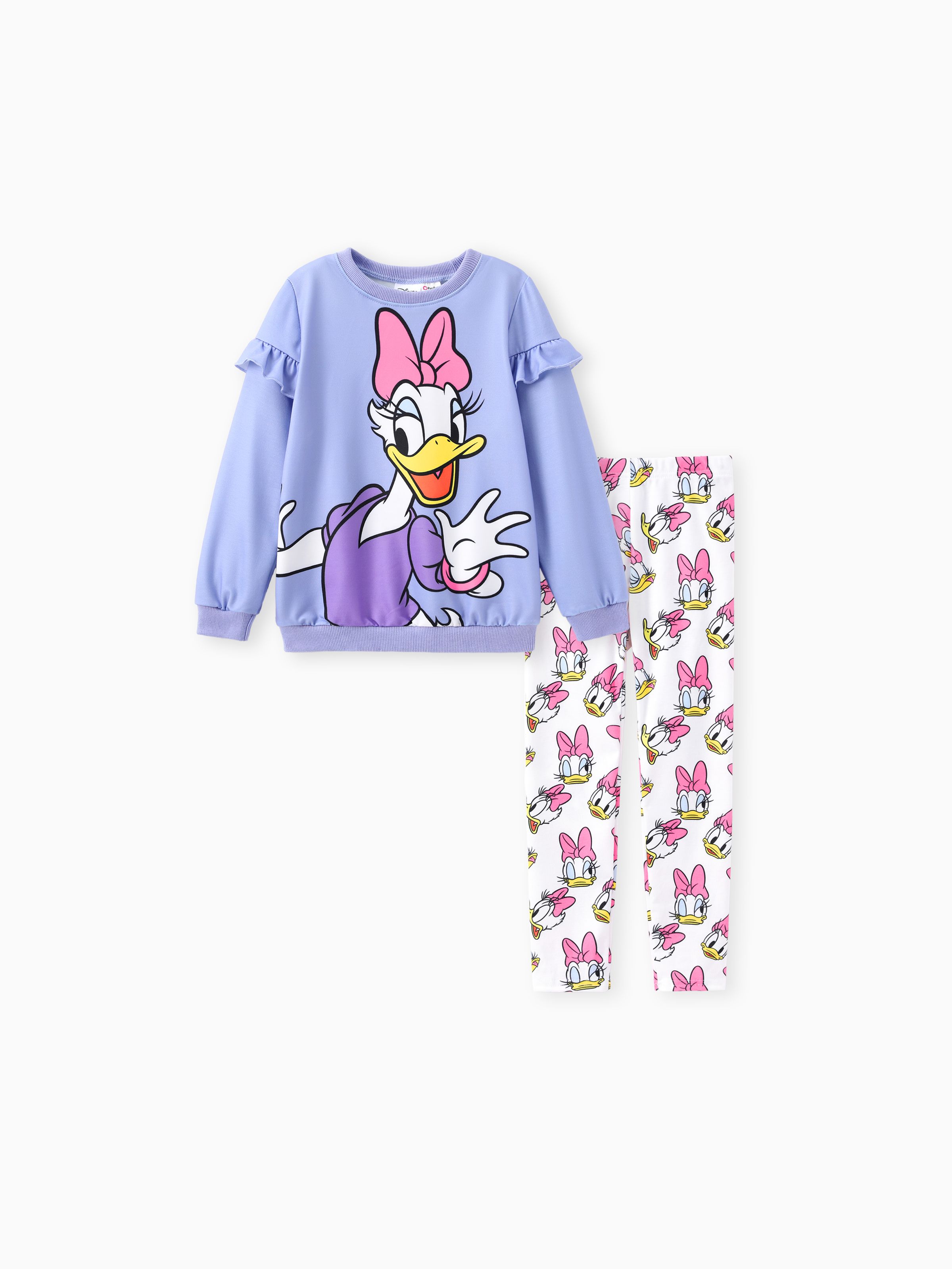 

Disney Mickey and Friends Toddler/Kid Girl 2pcs Minnie/Daisy Ruffled Long-sleeve Sweatshirt And Naia™ Character all-over Print Leggings Set