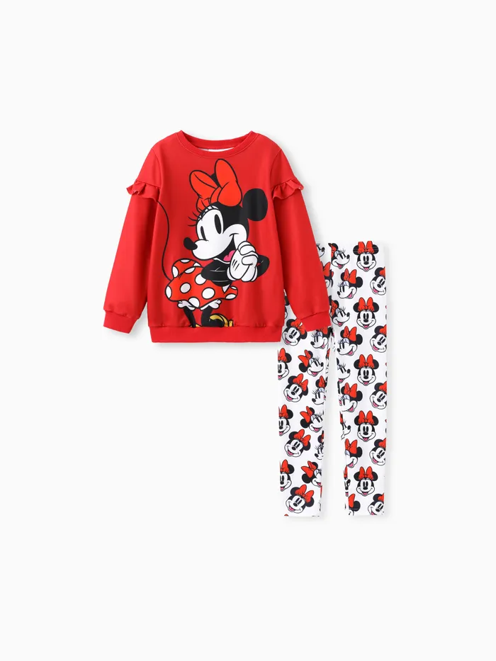 Disney Mickey and Friends Toddler/Kid Girl 2pcs Minnie/Daisy Sudadera de manga larga con volantes y conjunto de leggings con estampado integral del personaje de Naia™ 
