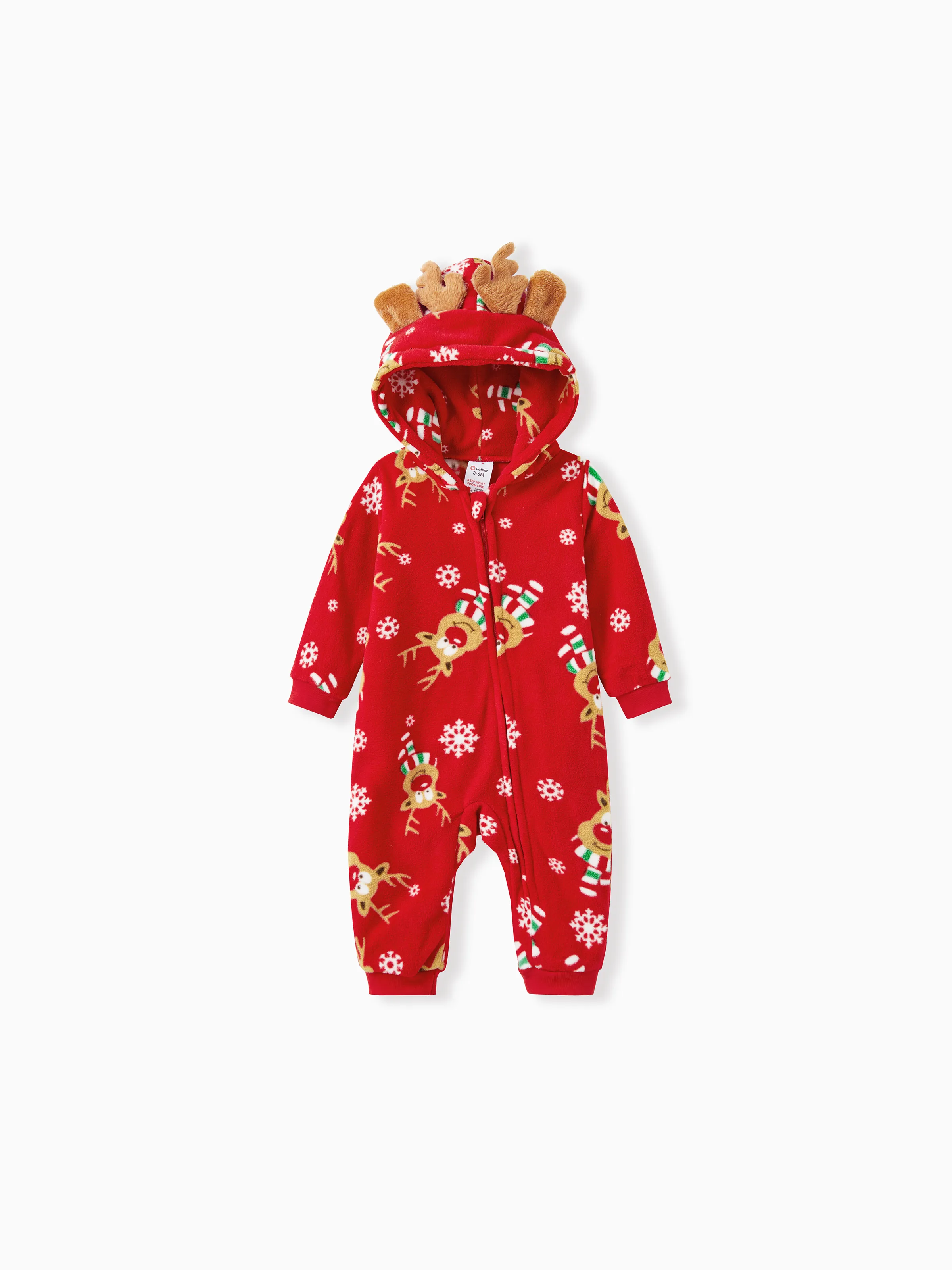 

Christmas Family Matching Allover Deer Print 3D Antler Hooded Long-sleeve Red Thickened Polar Fleece Onesies Pajamas