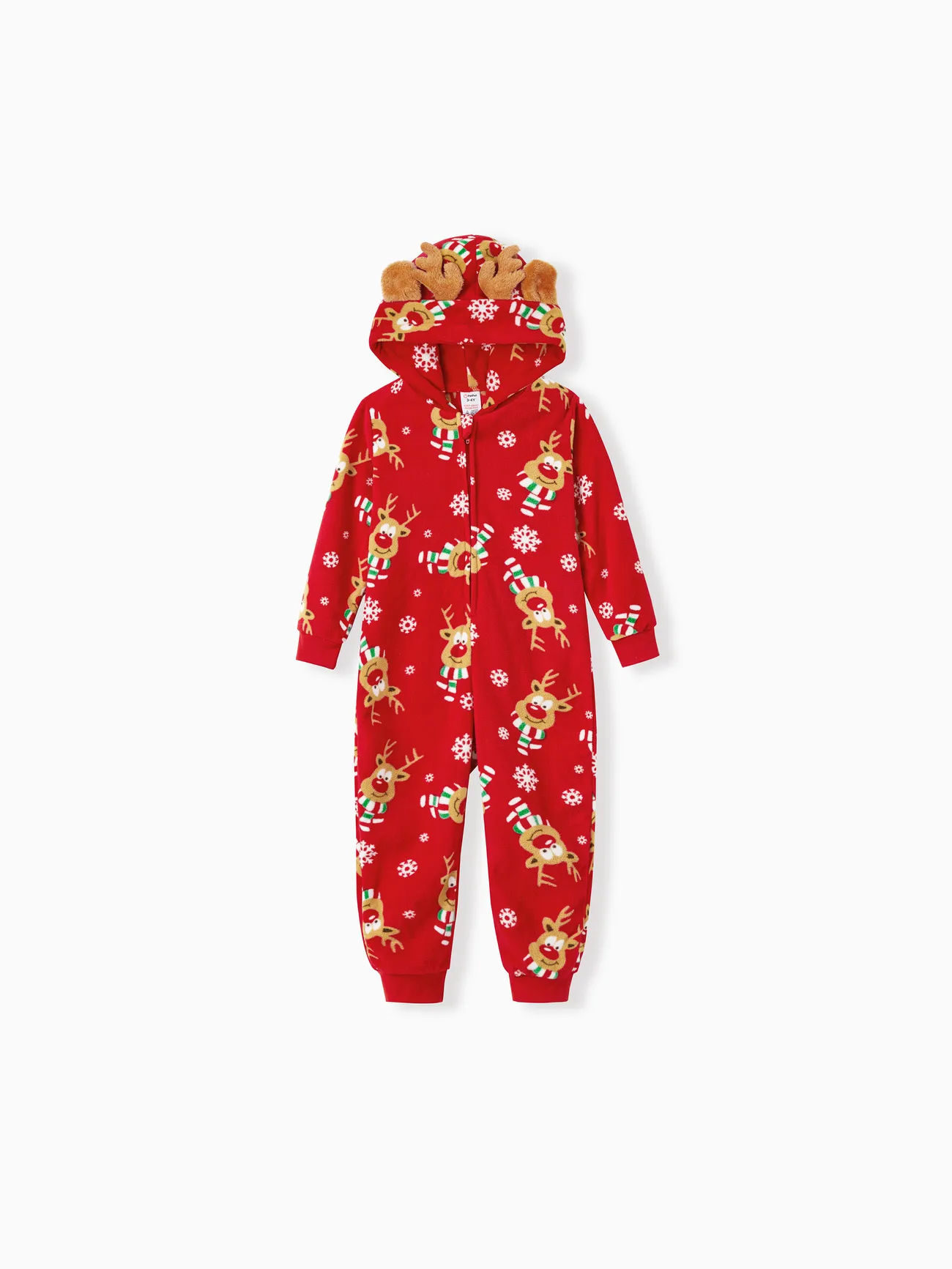 

Christmas Family Matching Allover Deer Print 3D Antler Hooded Long-sleeve Red Thickened Polar Fleece Onesies Pajamas