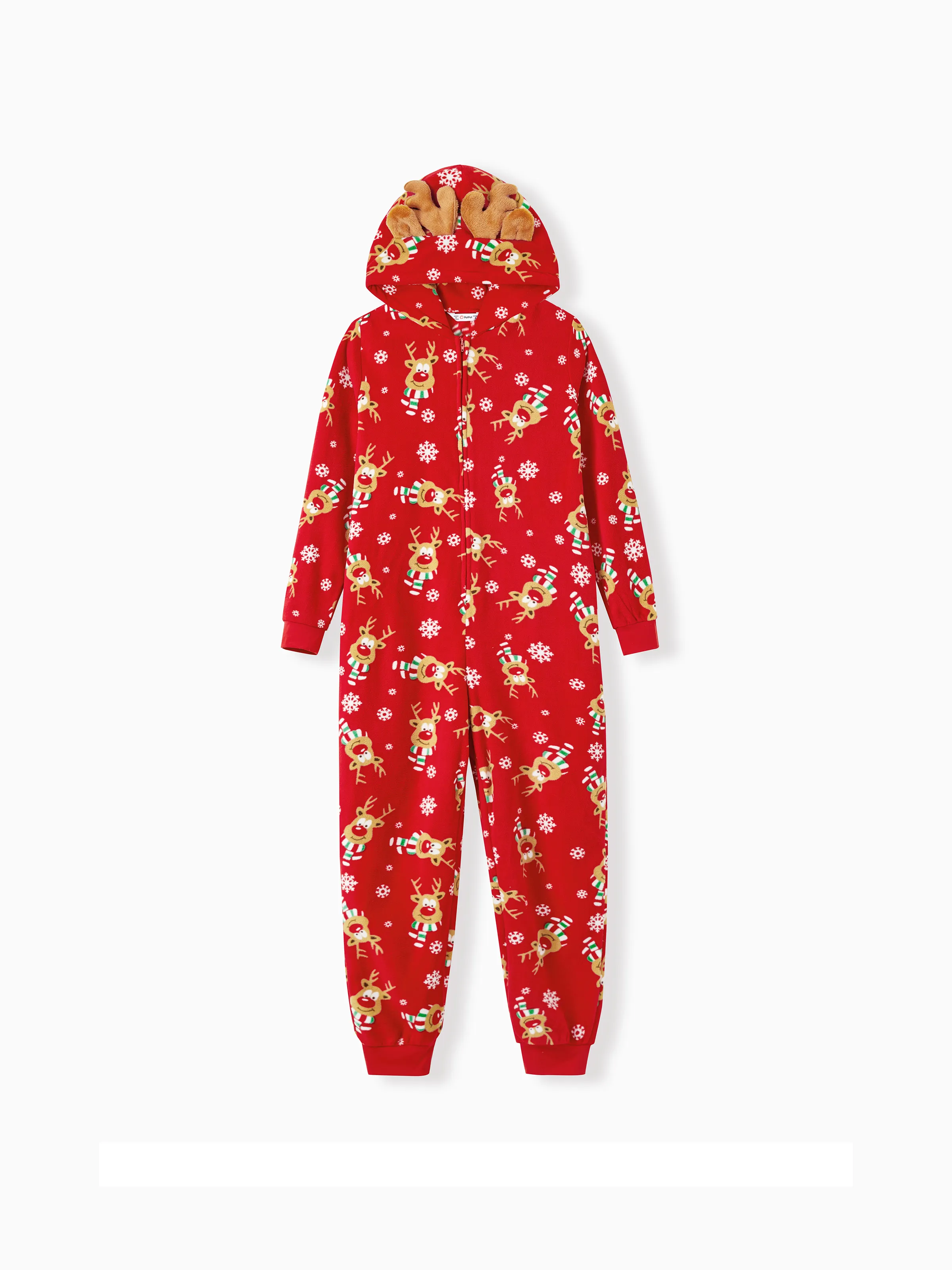 

Christmas Family Matching Allover Deer Print 3D Antler Hooded Long-sleeve Red Thickened Polar Fleece Onesies Pajamas