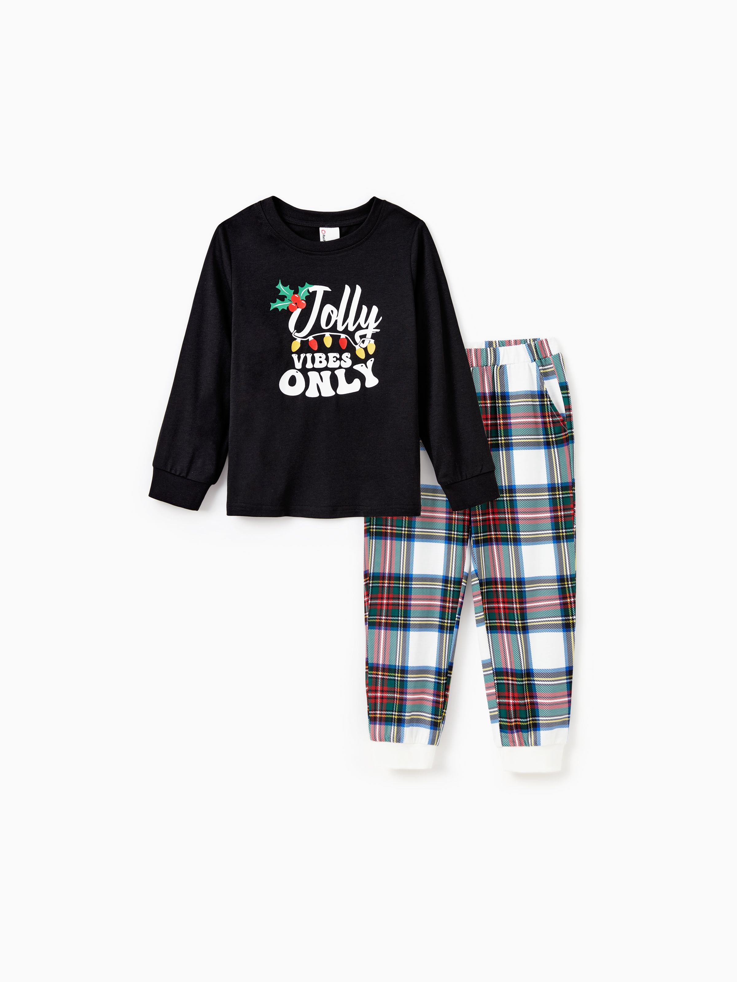 

Christmas Pajamas Family Matching Xmas Light Jolly Vibes Long Sleeves Top Plaid Pants Pajamas Sets