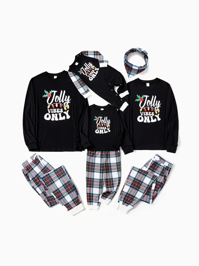 Pyjama de Noël Famille Assorti Noël Léger Jolly Vibes Manches longues Top Pantalon à carreaux Pyjamas Ensembles