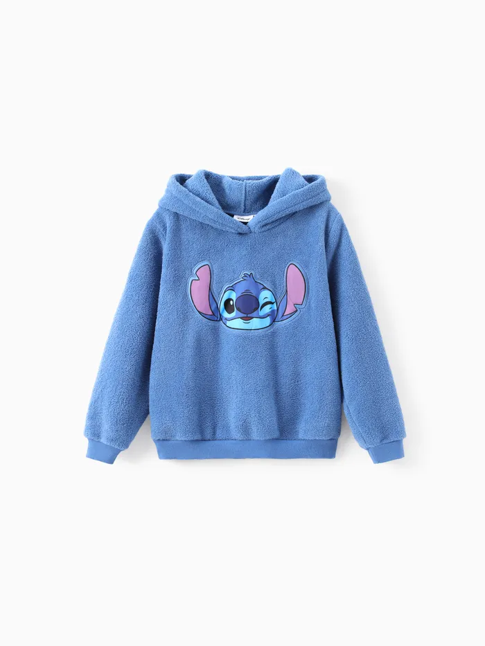 Disney Stitch Kid 1pc Character Applique Embroidered Plush Long-sleeve Hooded Sweatshirt 