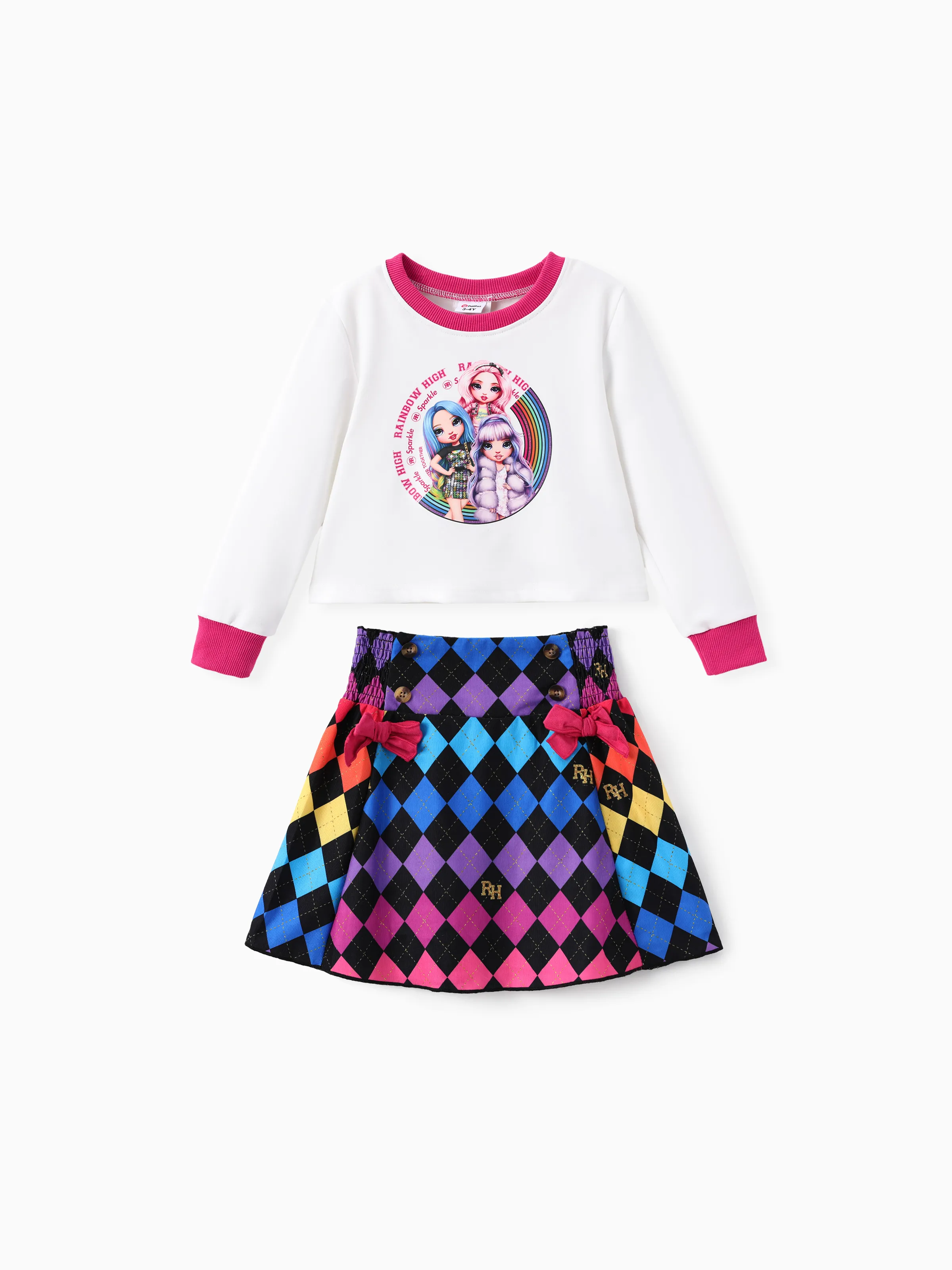 

Rainbow high Toddler & Girl 2pcs Rainbow Checkered Print Long-sleeve Top And Bowknot Skirt Set