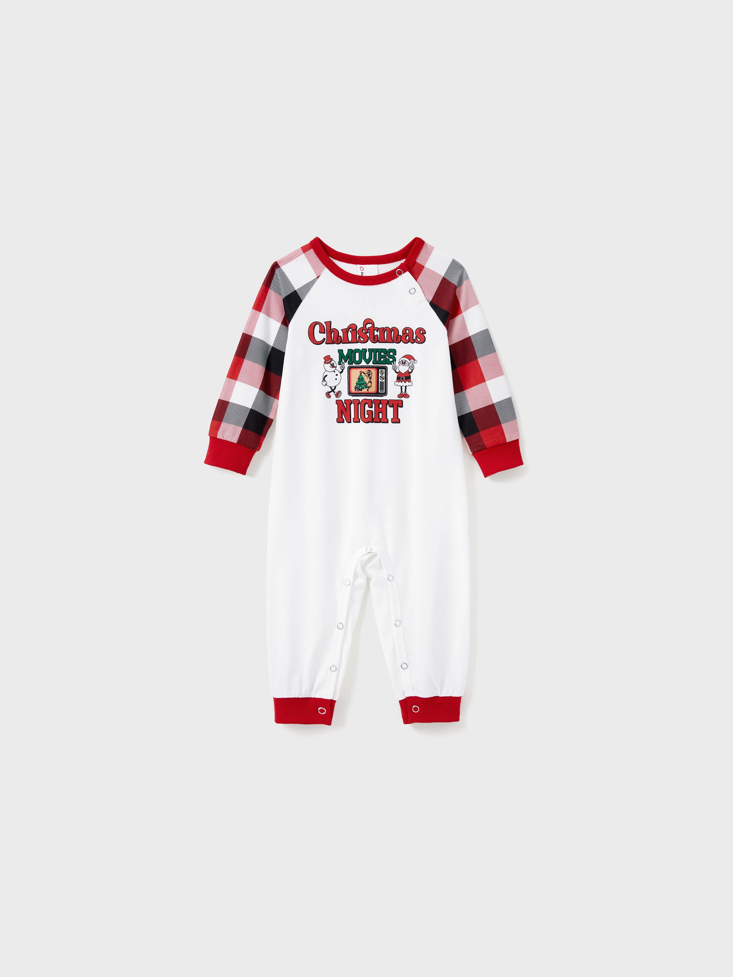 

Christmas Movie Night Red Plaid Pajamas Raglan Sleeves Santa and Snowman Pattern